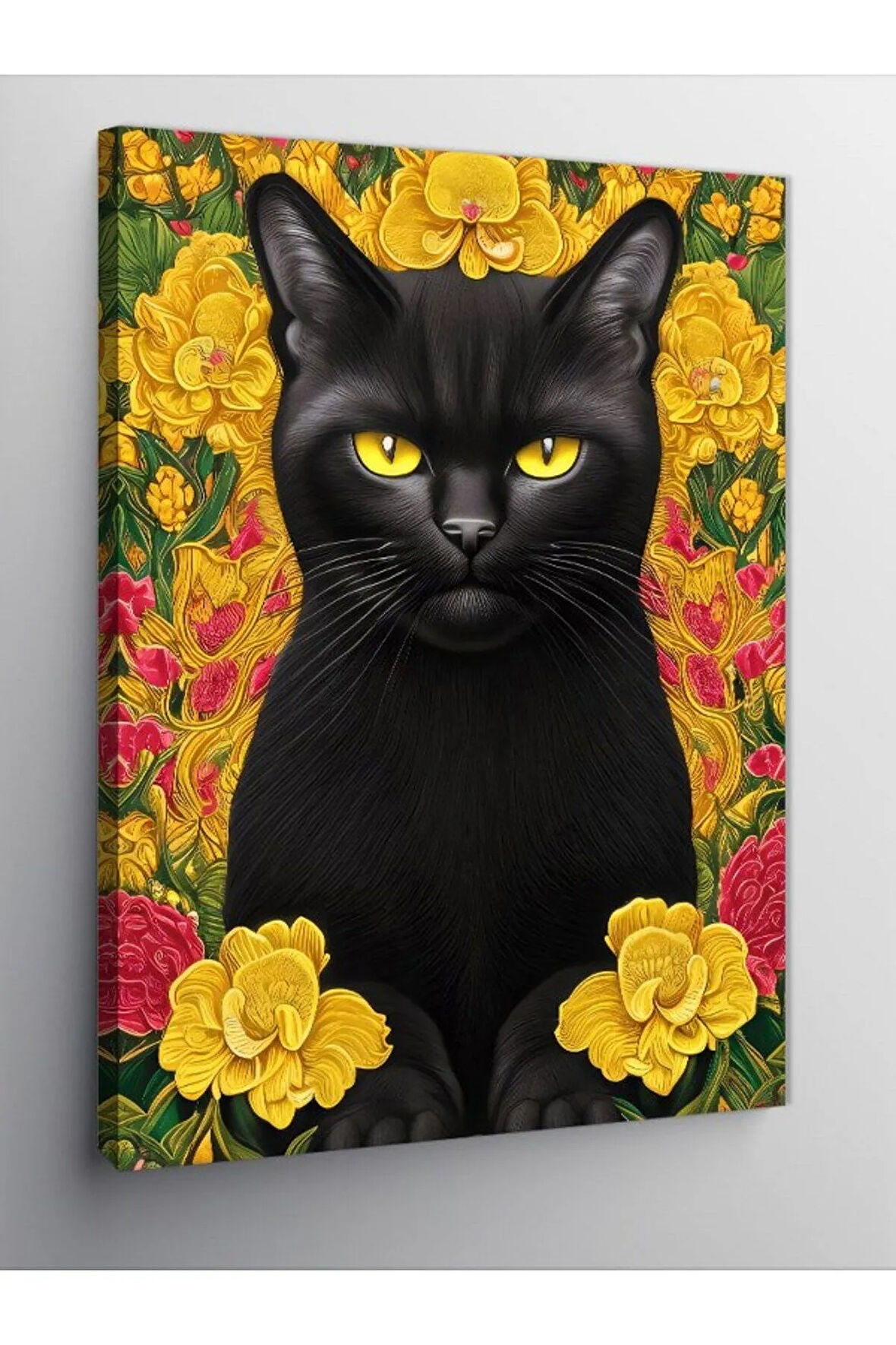 Kanvas Tablo Siyah Kedi Ve Sarı Çiçekler