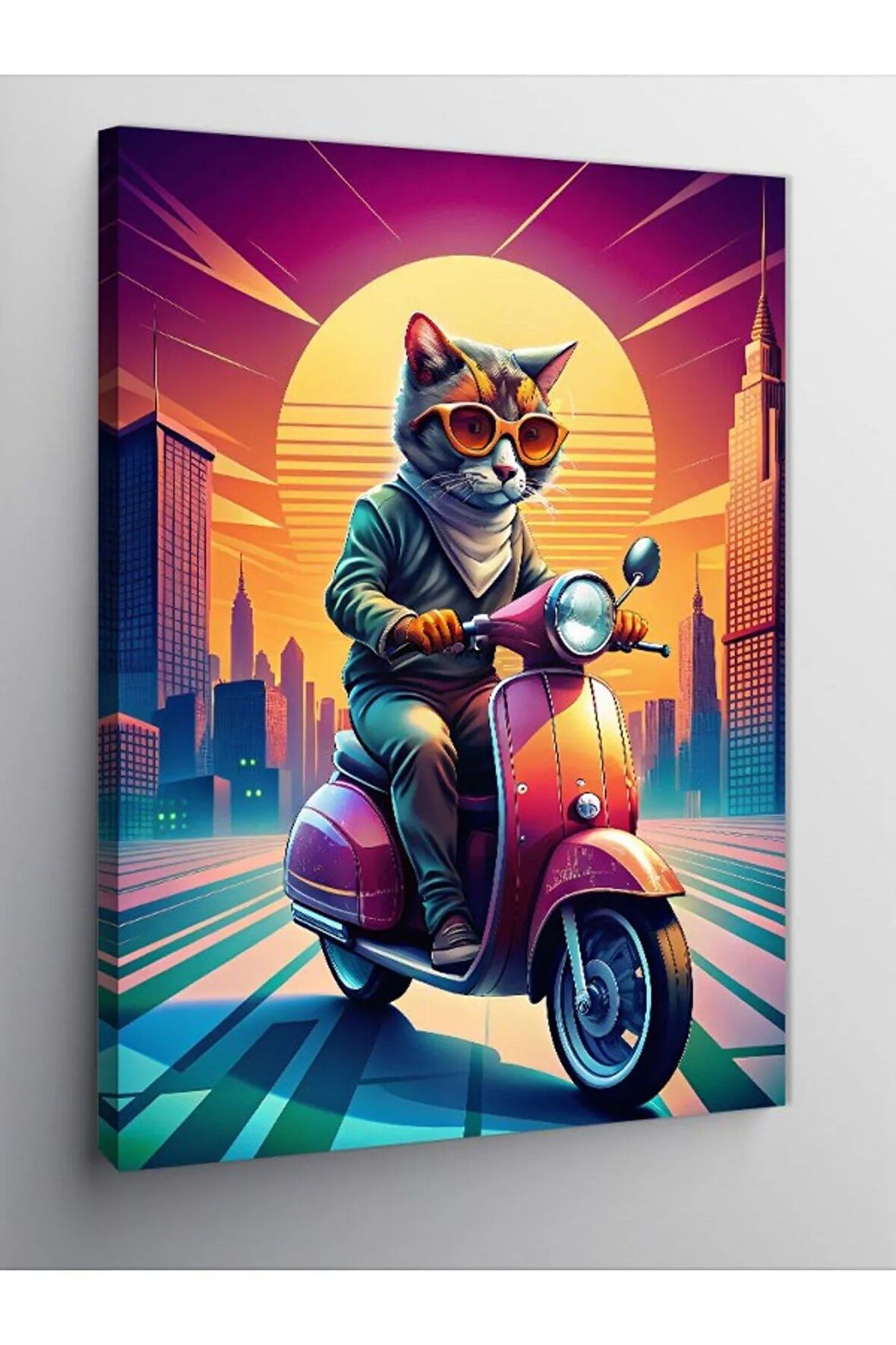 Kanvas Tablo Motosiklet Kullanan Kedi