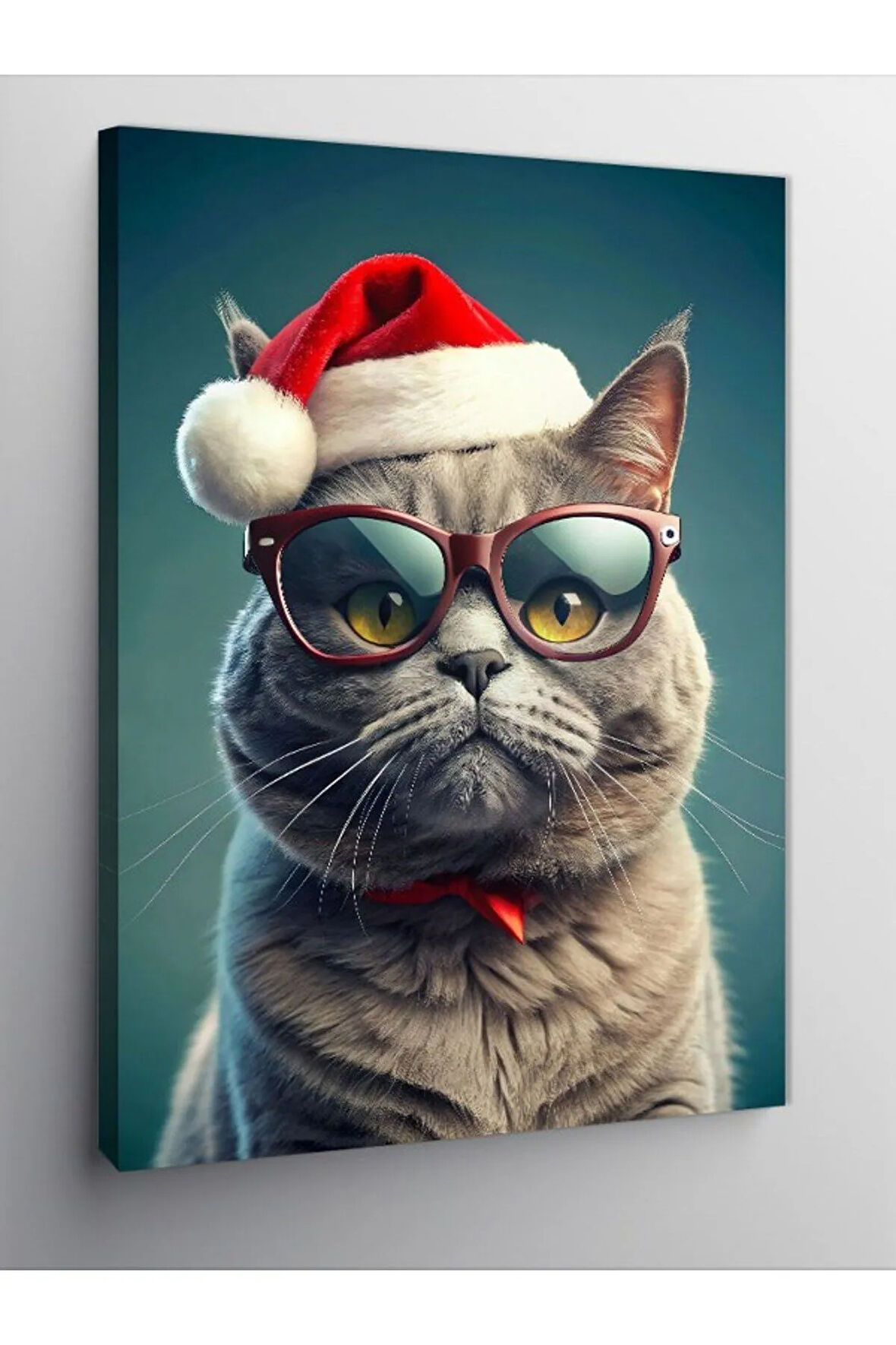 Kanvas Tablo Noel Baba Şapkalı Kedi