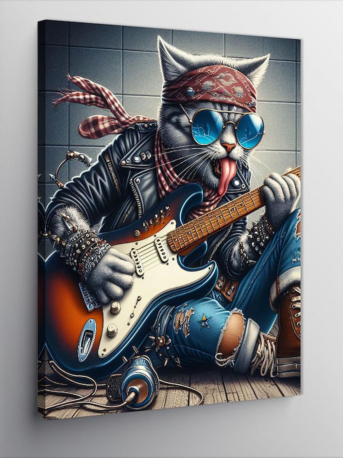Kanvas Tablo Gitar Çalan Barışık Kedi