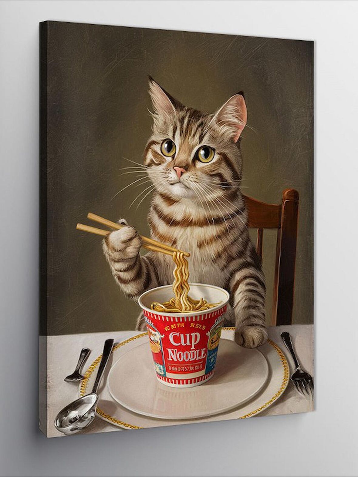 Kanvas Tablo Noodle Yiyen Tekir Kedi 