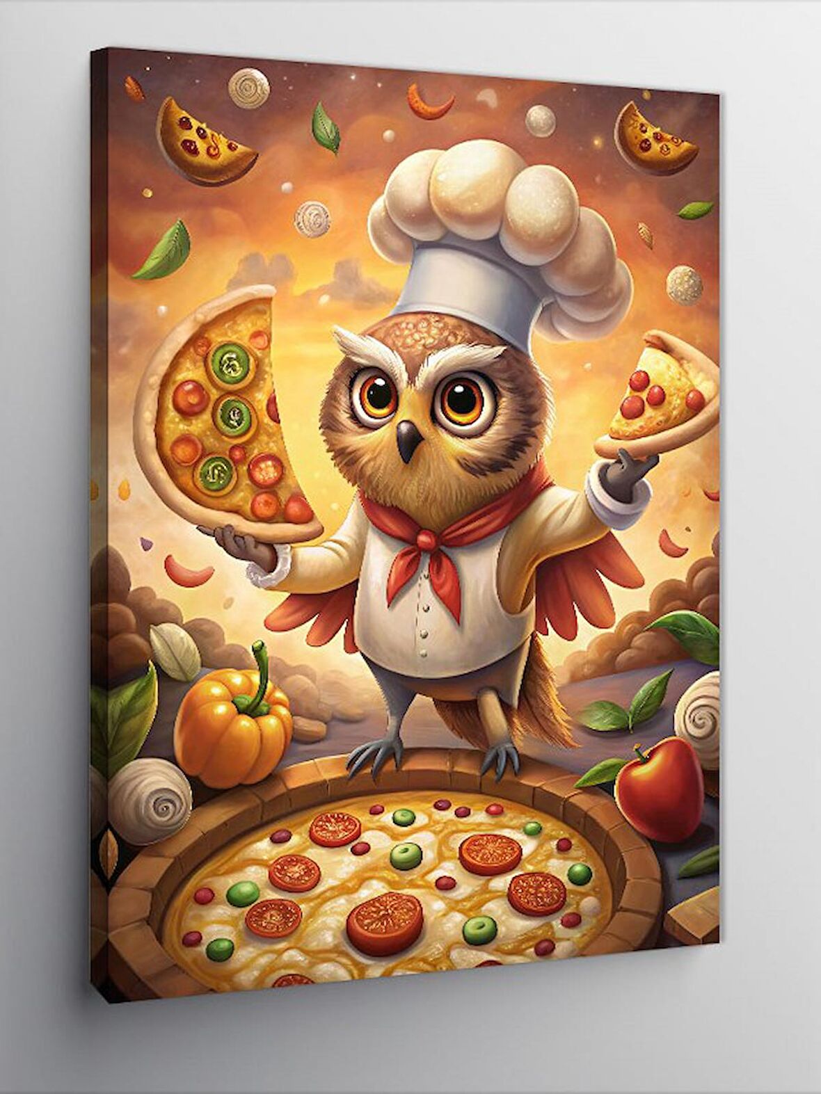 Kanvas Tablo Pizza Yapan Şef Baykuş