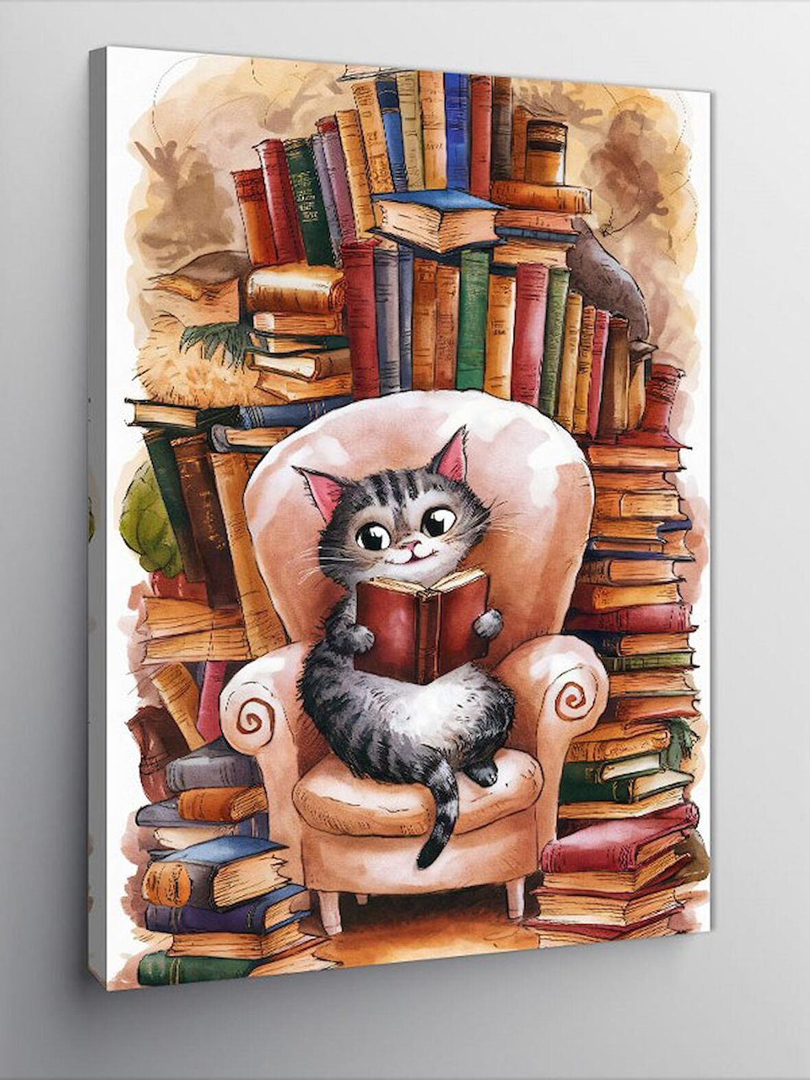 Kanvas Tablo kitap okuyan bot kedi