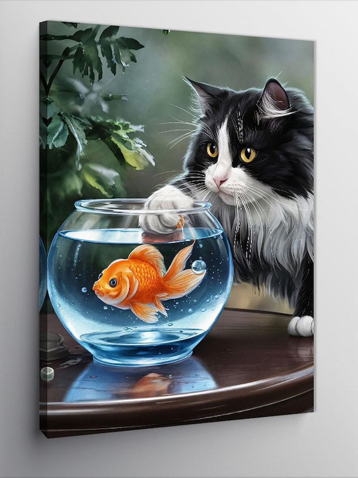 Kanvas Tablo Akvaryumdaki balık ve kedi