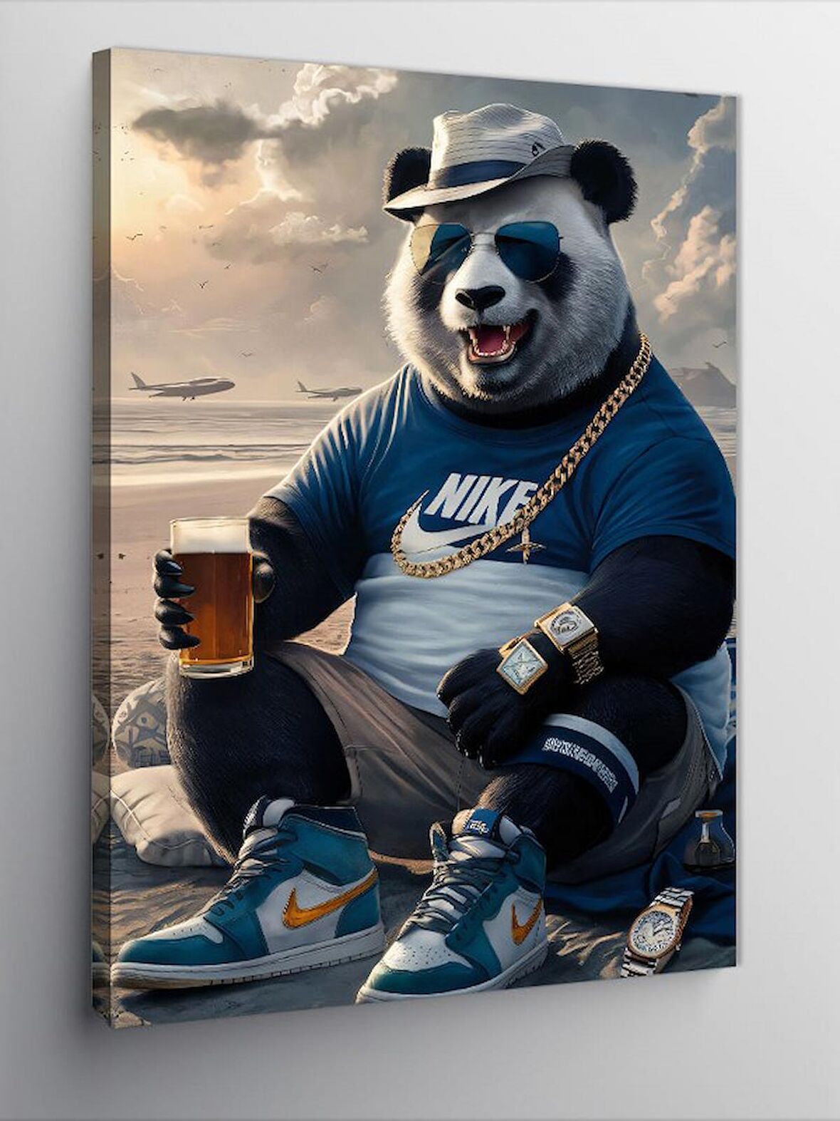 Kanvas Tablo Bira içen spor kıyafetli Panda