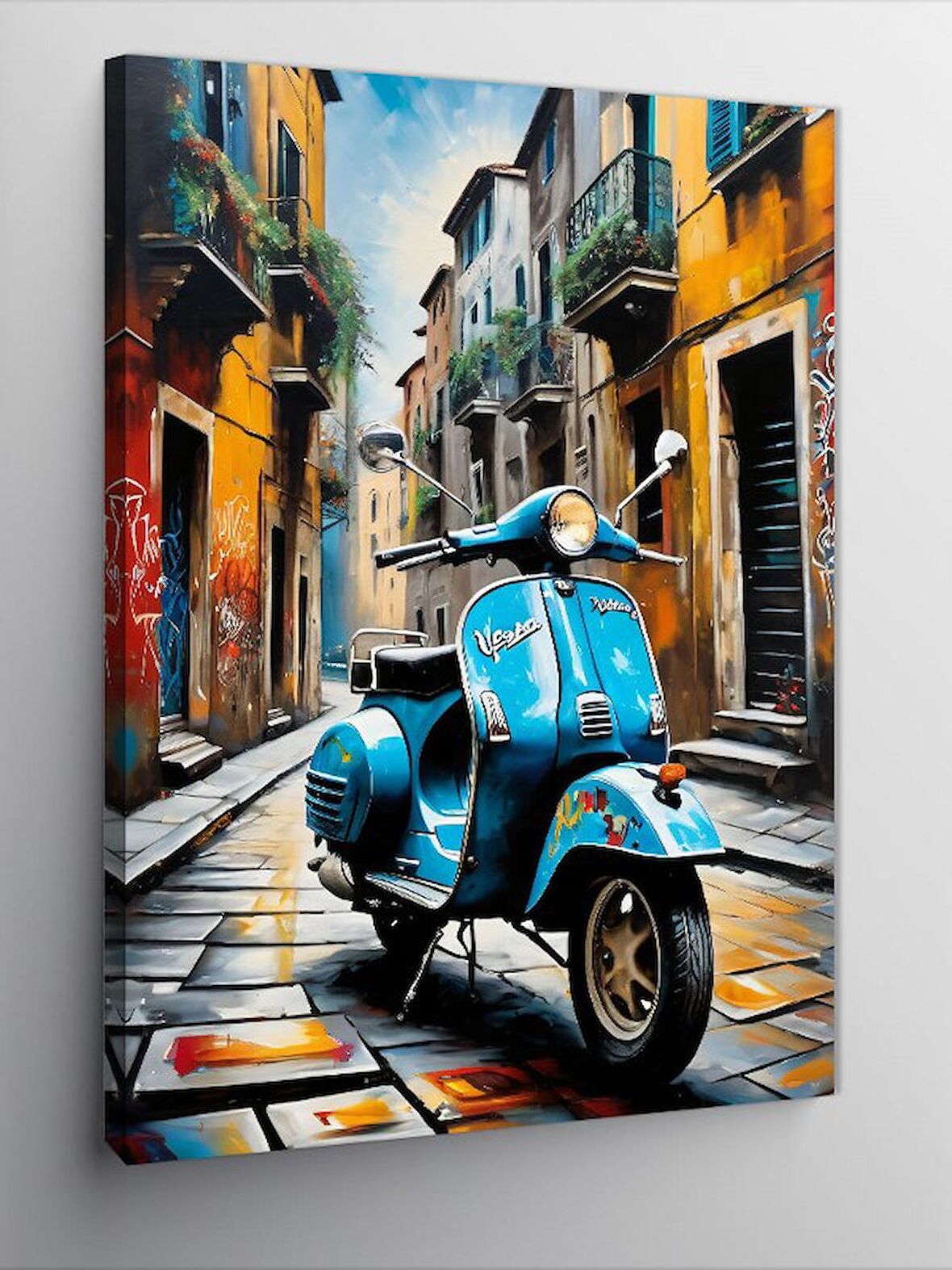 Kanvas Tablo Retro Mavi Ve Scooter Motosiklet