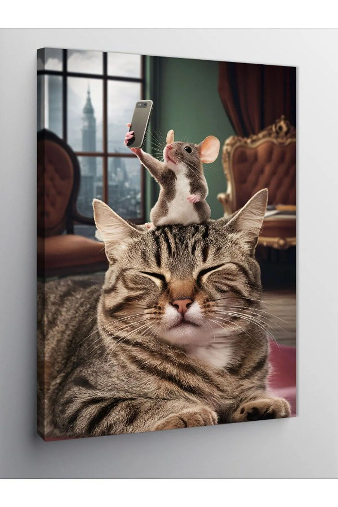 Kanvas Tablo Selfie Çeken Fare Ve Kedi