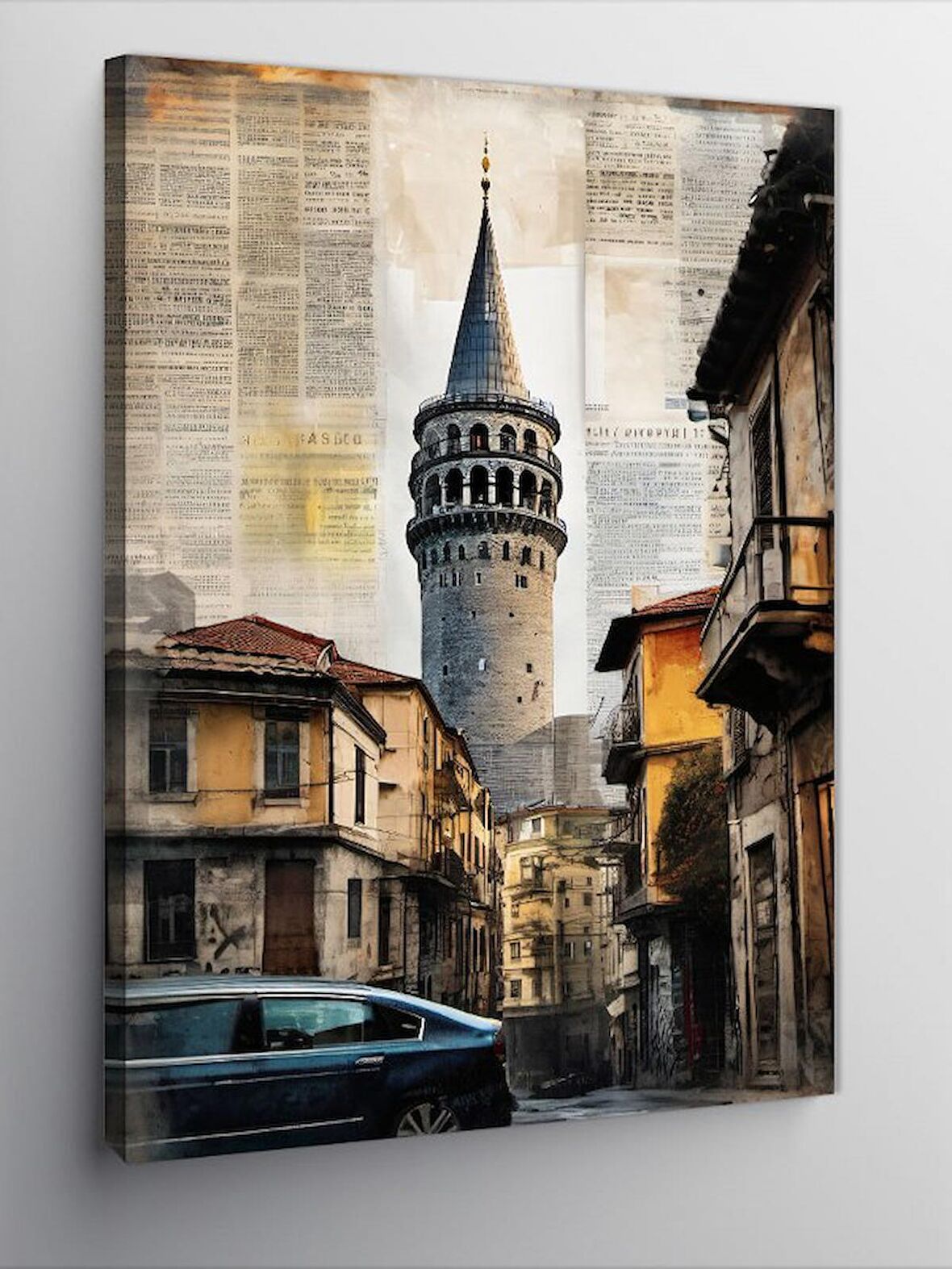 Kanvas Tablo Galata Kulesi Gazete Fon