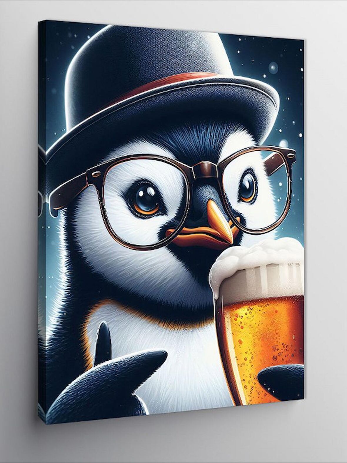 Kanvas Tablo Bira İçen Gözlüklü Penguen