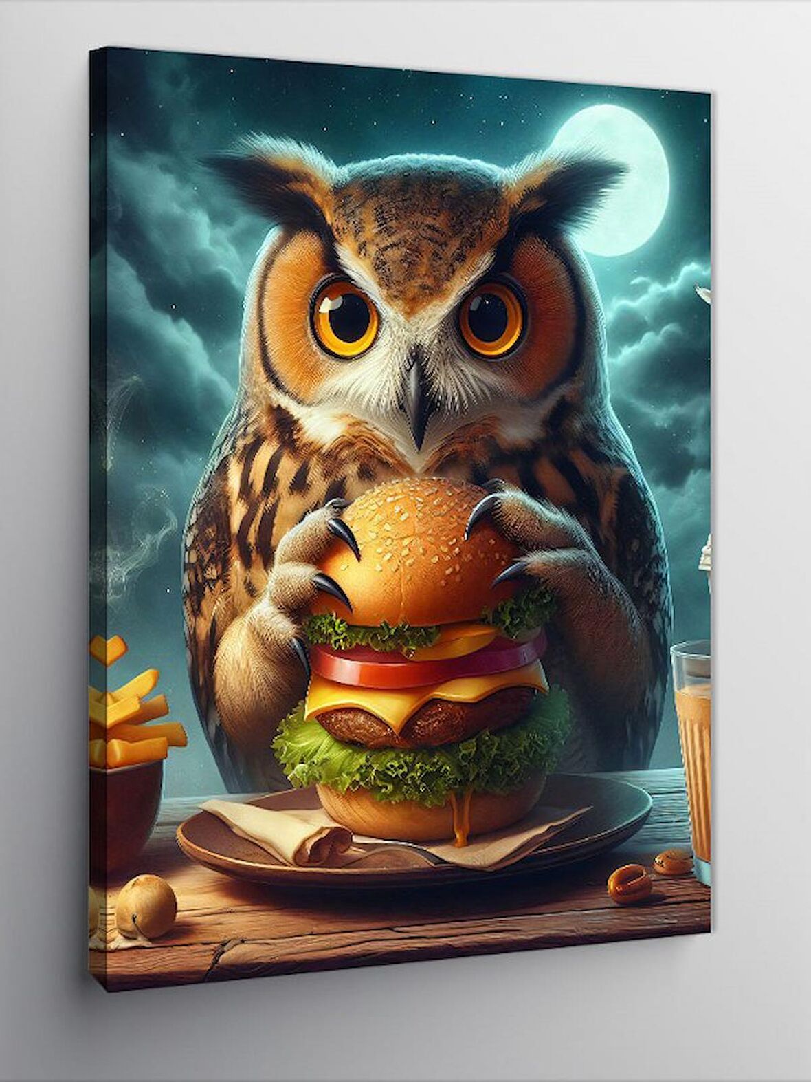 Kanvas Tablo Hamburger Yiyen Baykuş