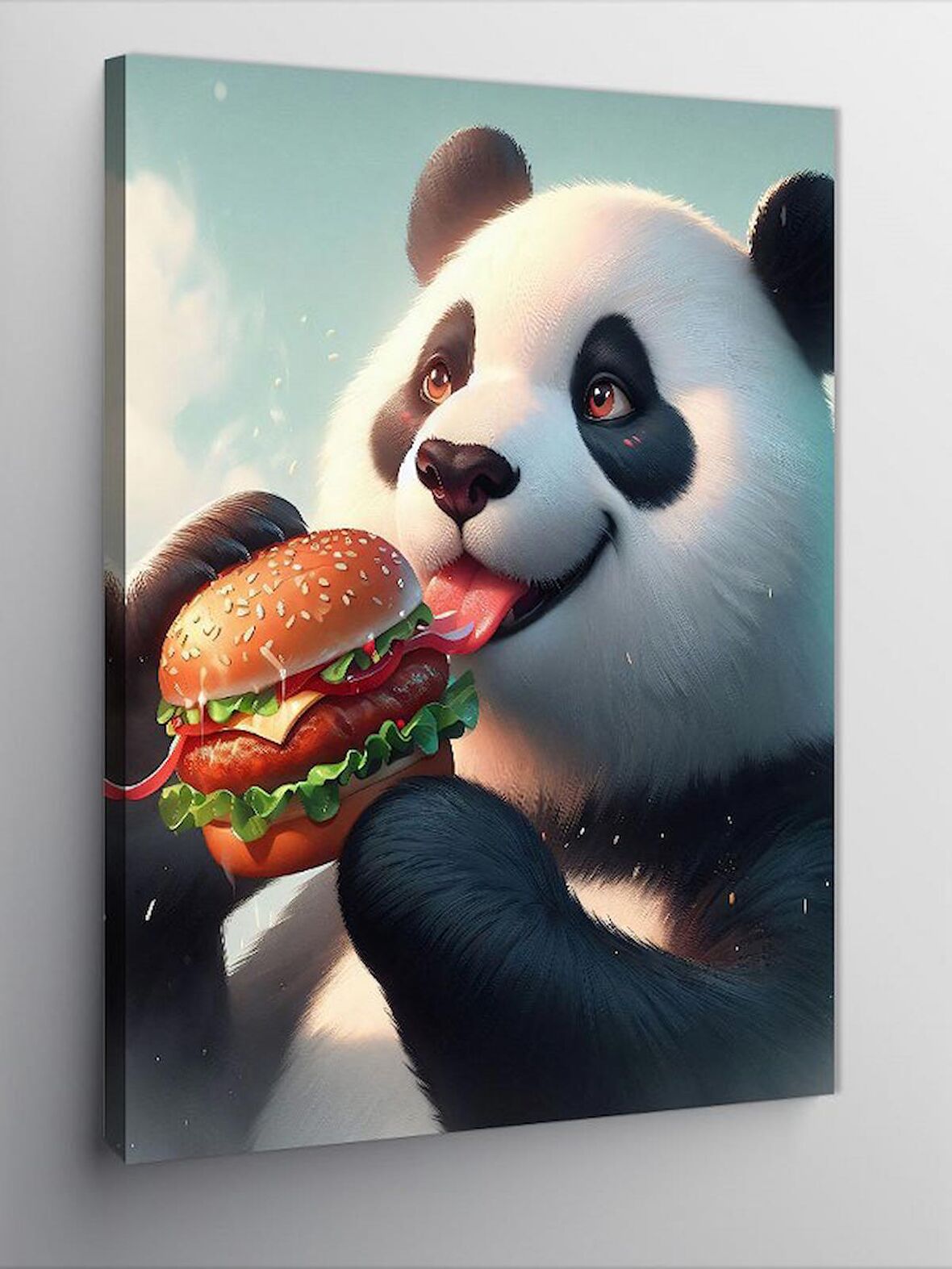 Kanvas Tablo Hamburger Yiyen Sevimli Panda