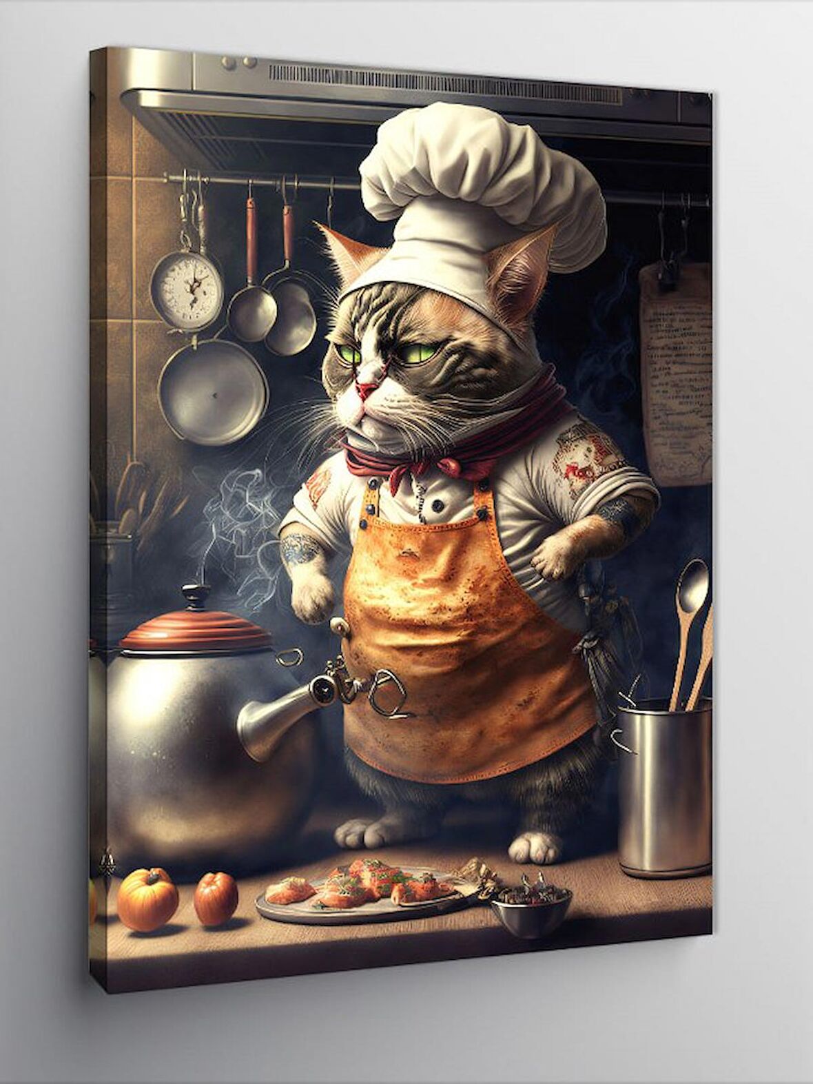 Kanvas Tablo Dövmeli Obur Aşçı Kedi
