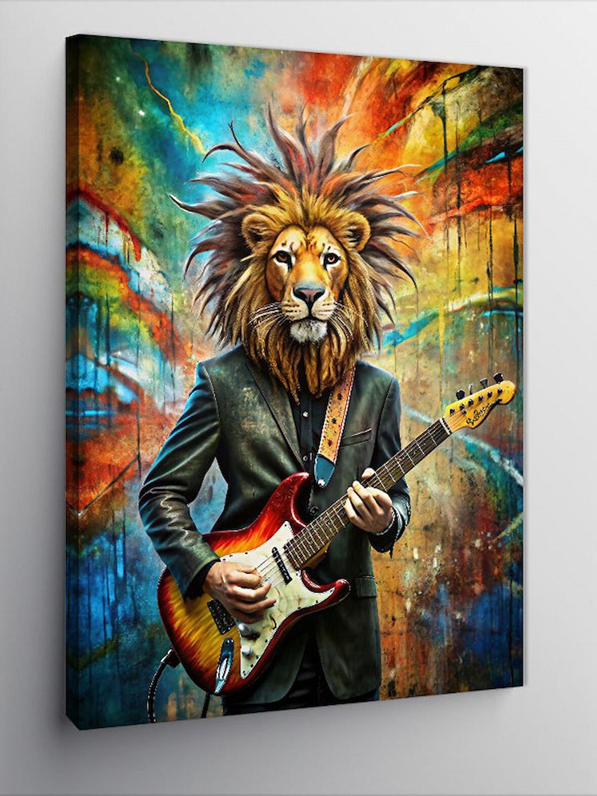Kanvas Tablo Elektro Gitar Çalan Aslan
