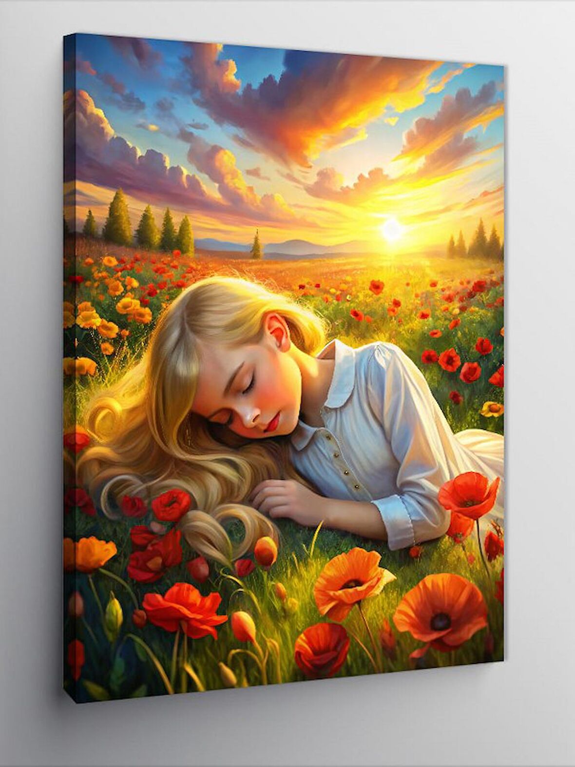 Kanvas Tablo Çiçeklere Yatan Kız