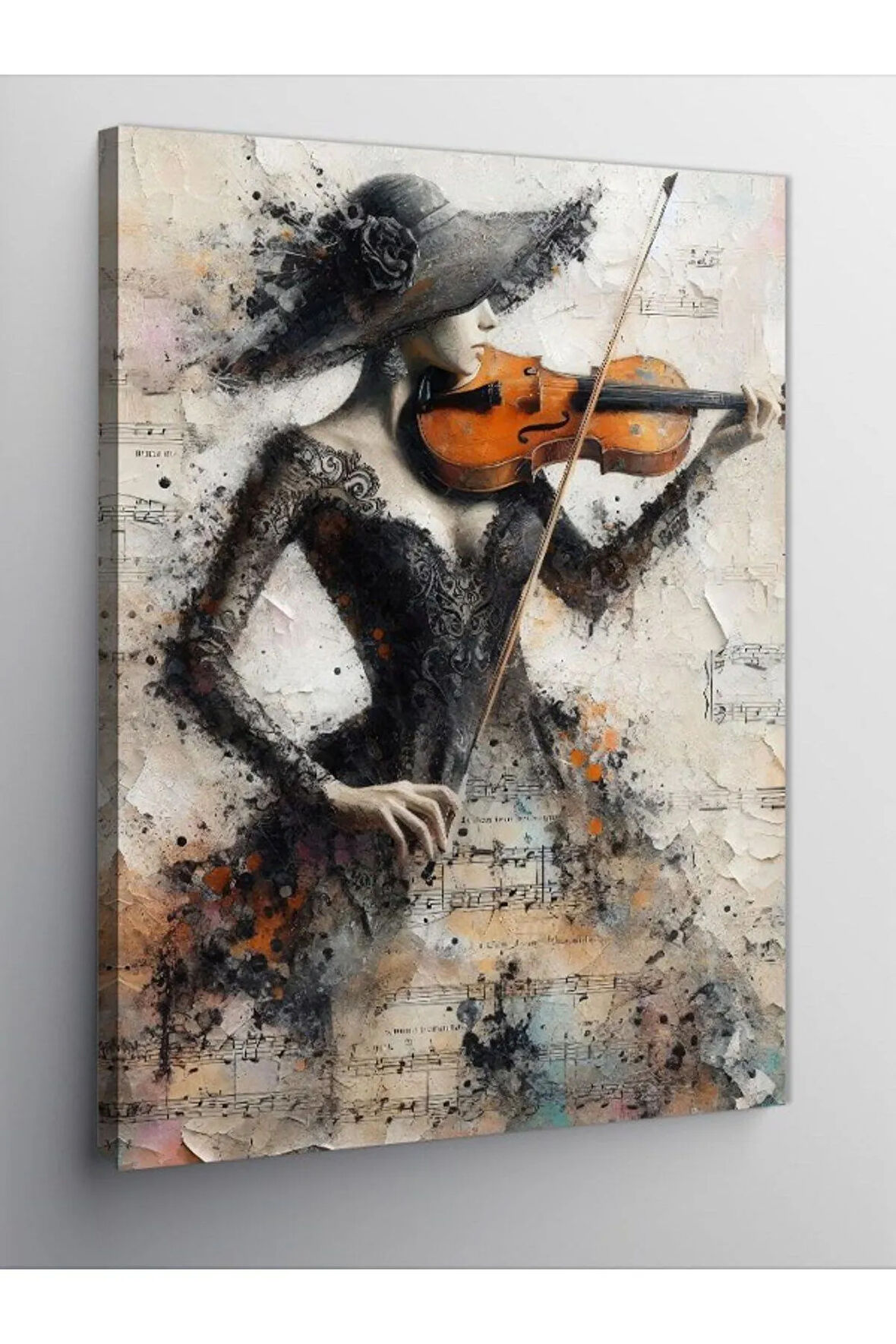 Kanvas Tablo Keman Çalan Kadın Ve Notalar