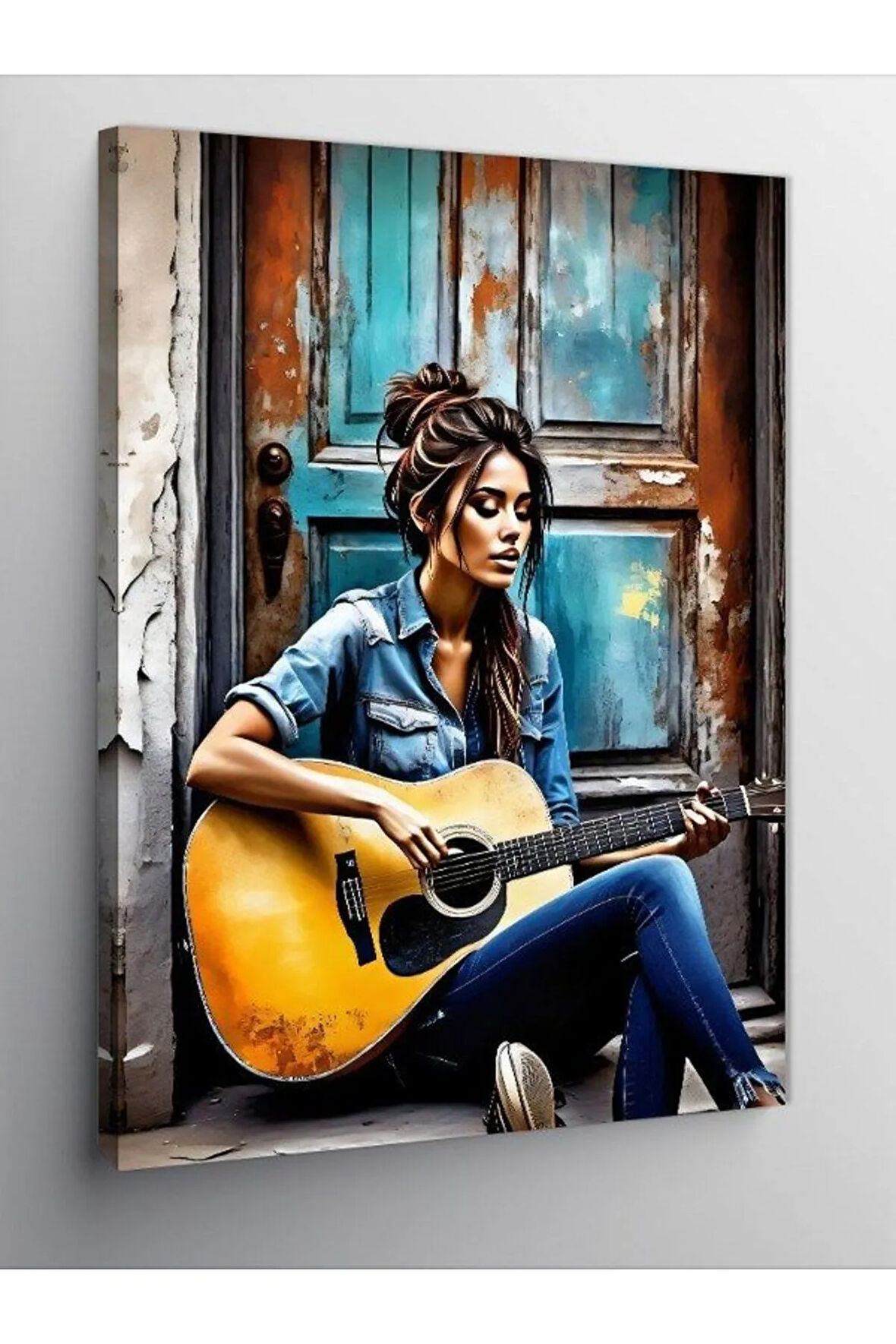 Kanvas Tablo Akustik Gitar Çalan Kız