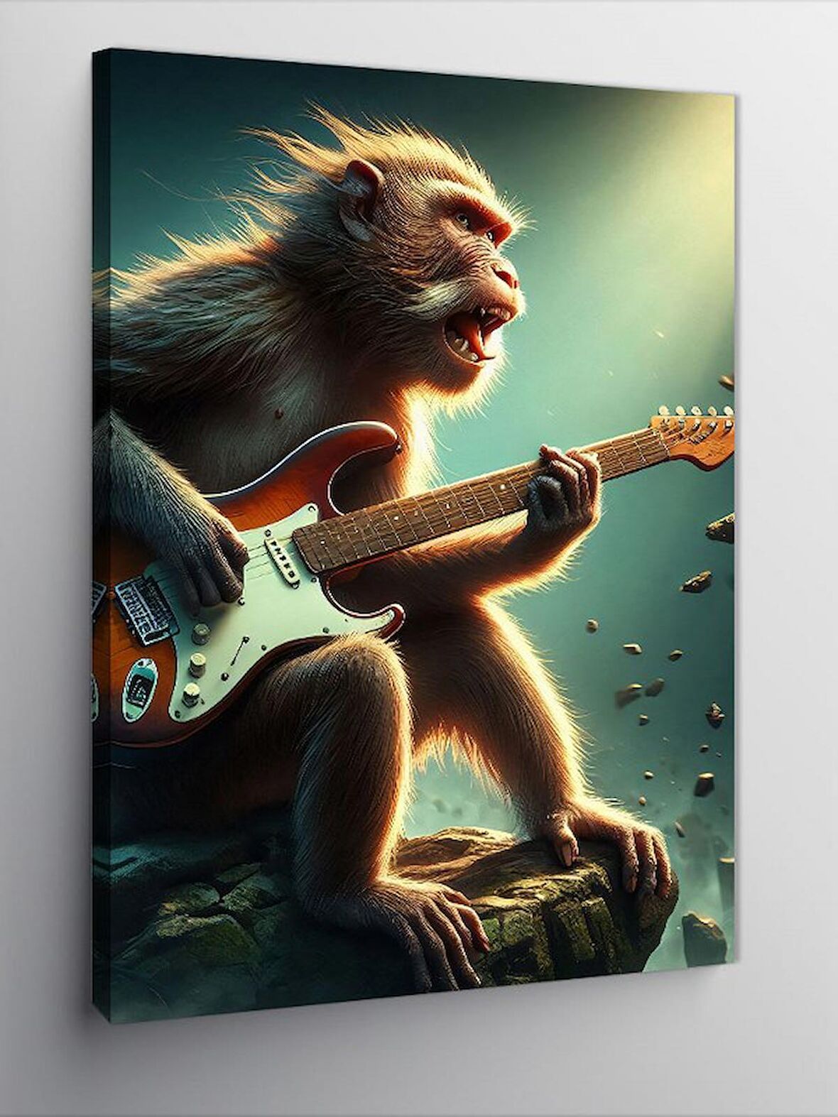 Kanvas Tablo Elektro Gitar Çalan Maymun