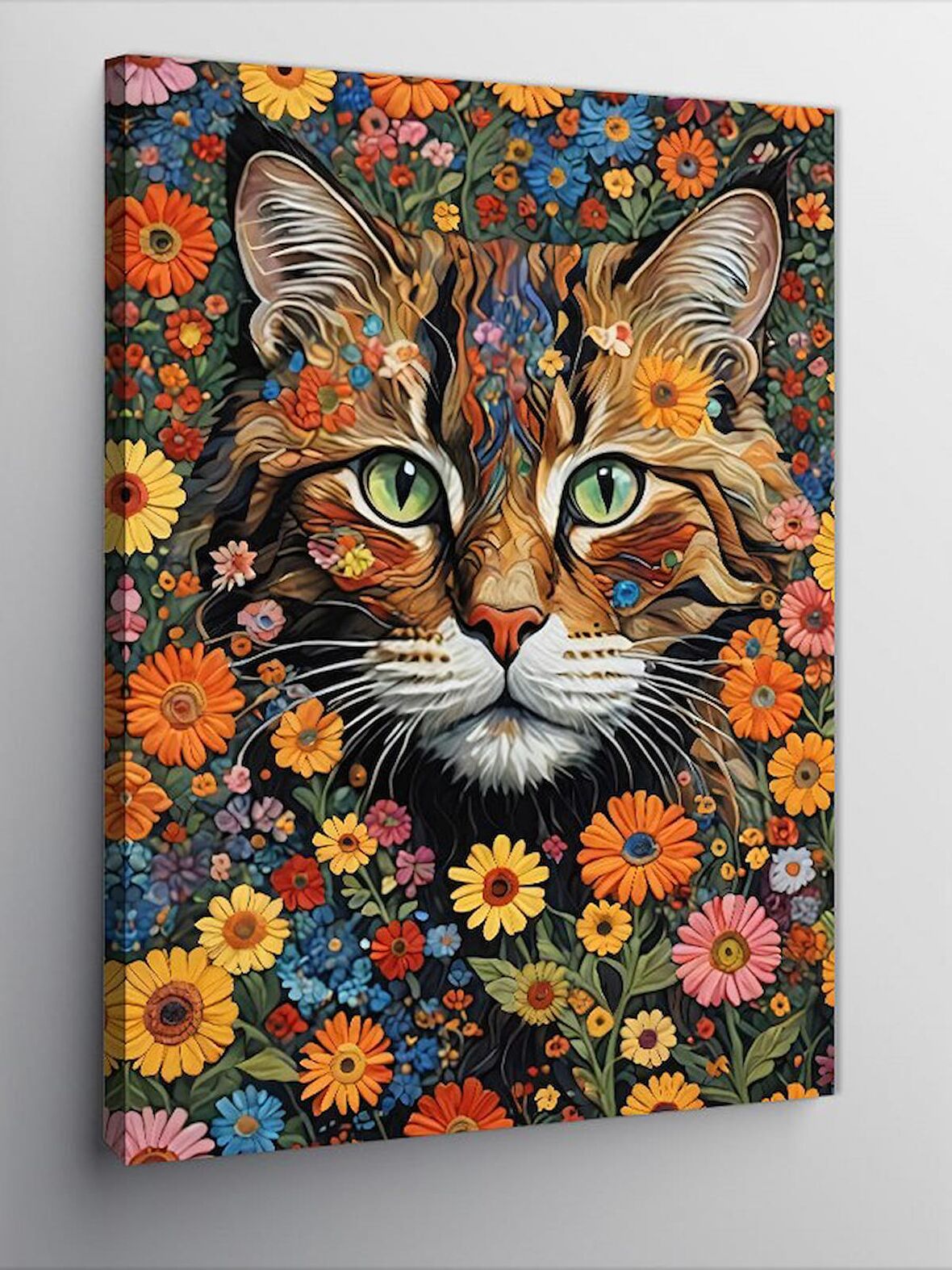 Kanvas Tablo Kedi Ve Çiçekler