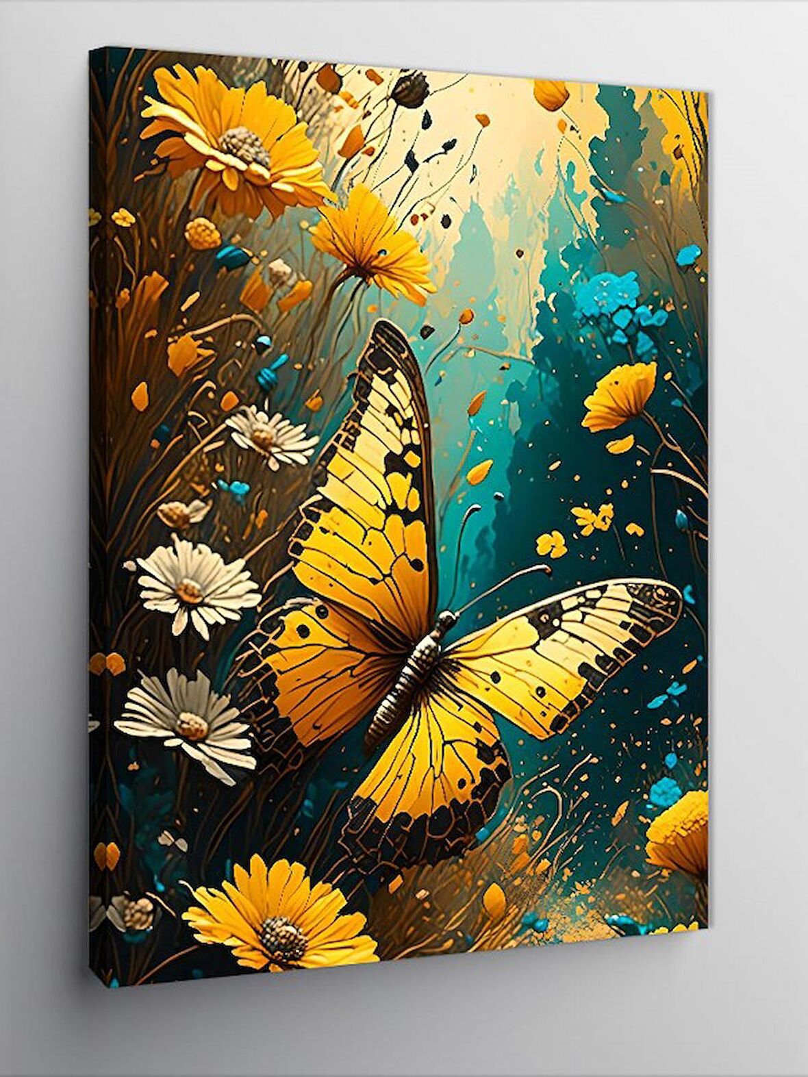 Kanvas Tablo Renkli Çiçekler Ve Sarı Kelebek