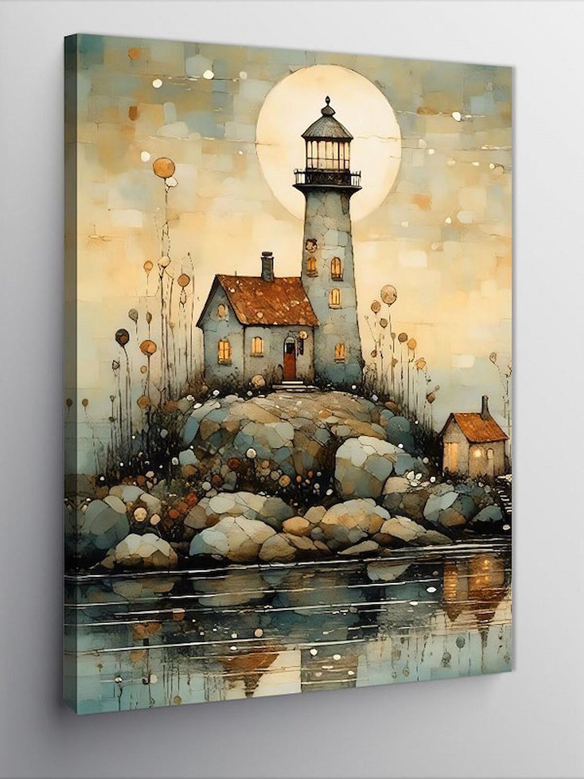 Kanvas Tablo Dolunay Ve Deniz Feneri Çizimi