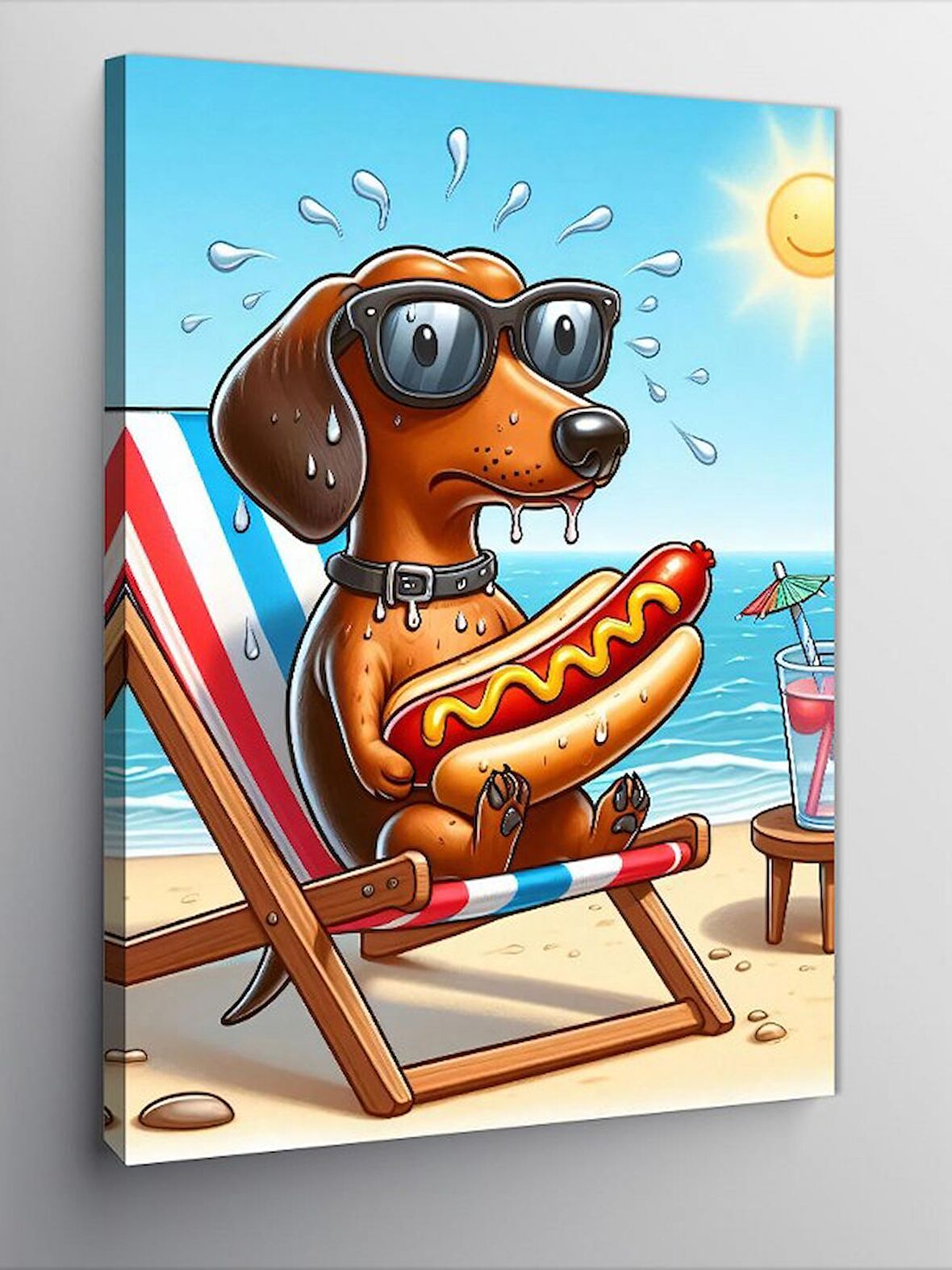 Kanvas Tablo Hotdog Yiyen Sevimli Köpek