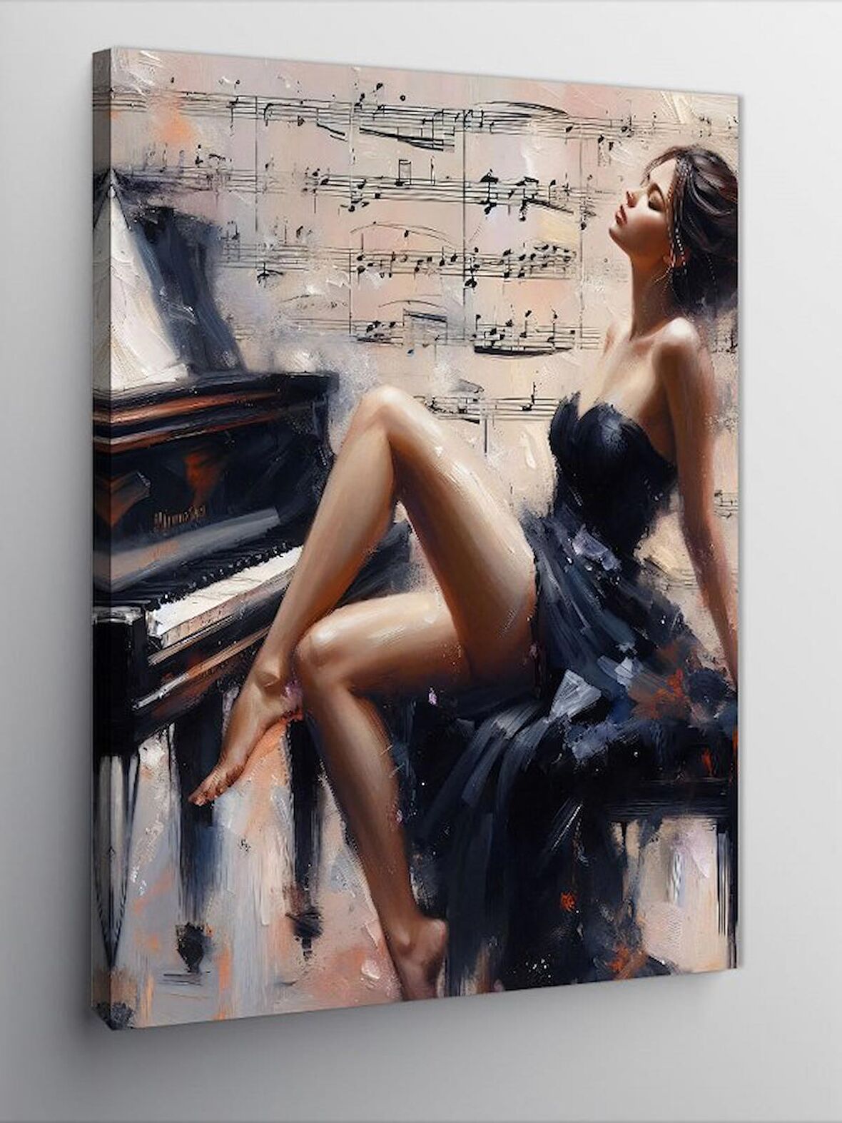 Kanvas Tablo Piyano Çalan Kadın Ve Notalar