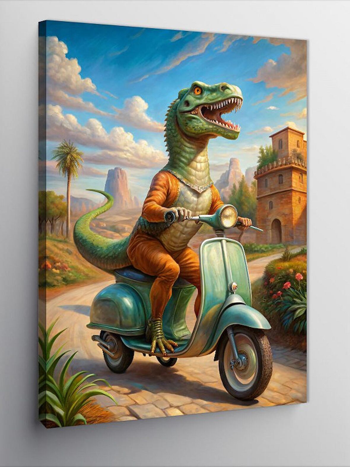 Kanvas Tablo Motosiklet Kullanan Dinozor