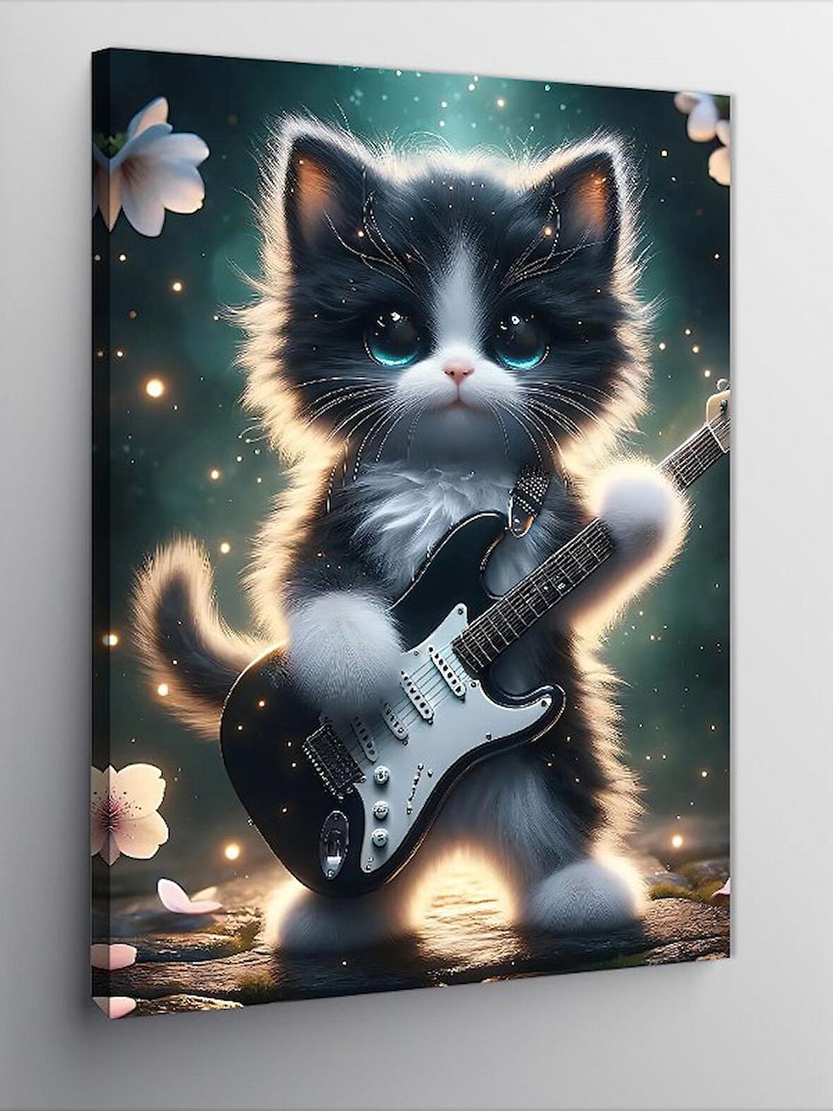 Kanvas Tablo Elektro Gitar Kullanan Yavru Kedi