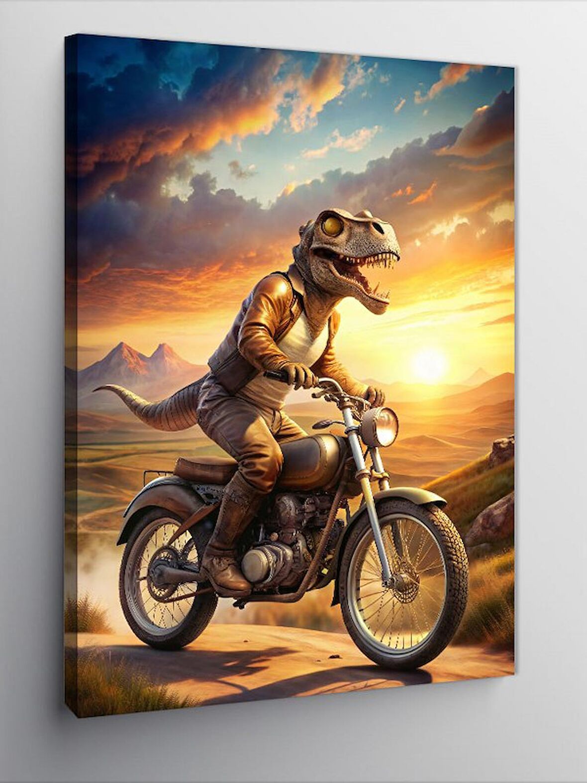 Kanvas Tablo Retro Motosiklet Kullanan Dinozor