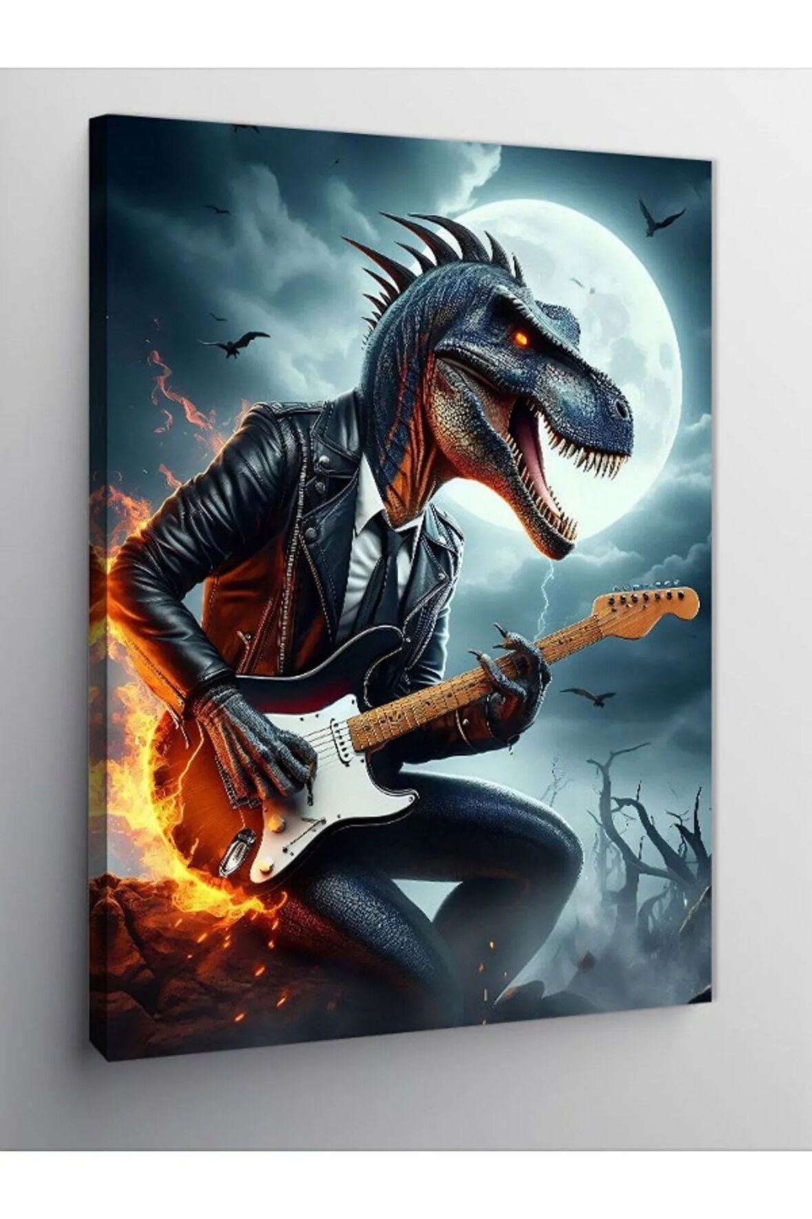 Kanvas Tablo Elektro Gitar Çalan Dinazor