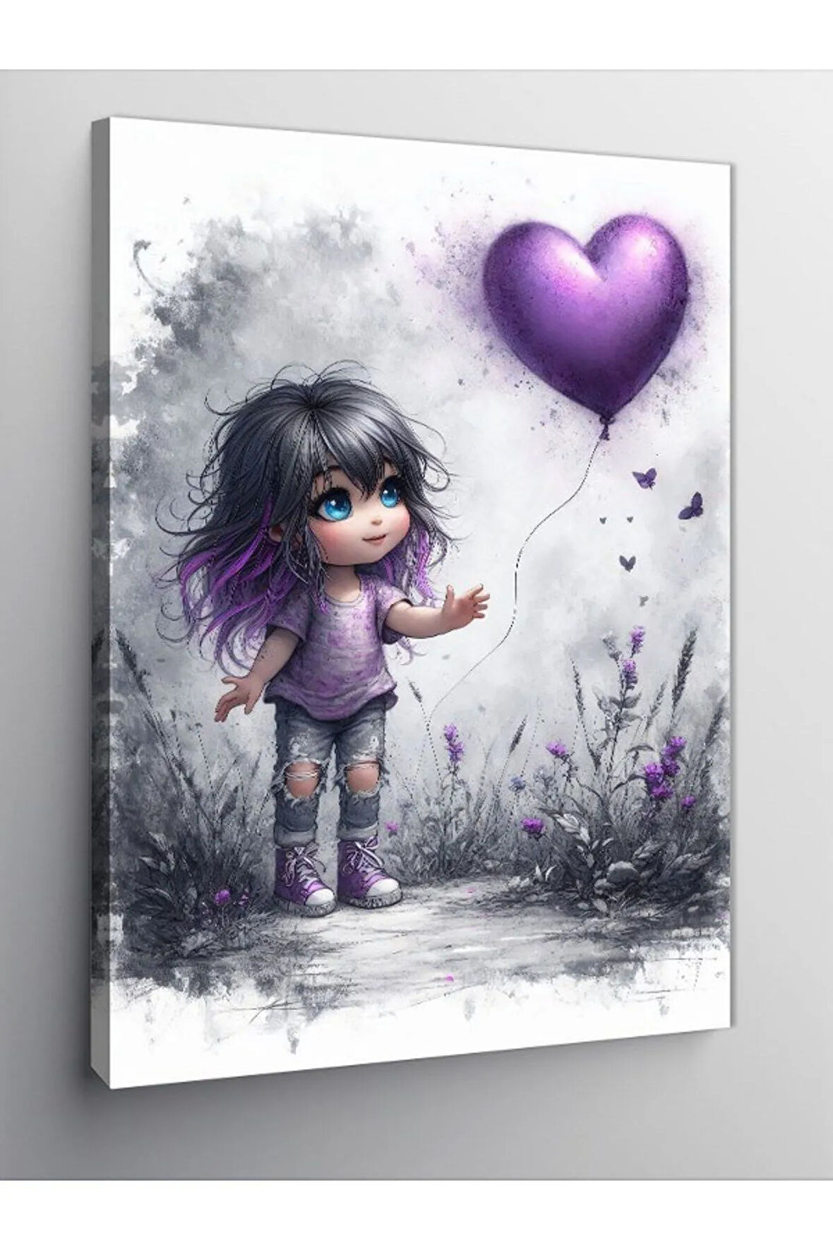 Kanvas Tablo Mor Balonlu Çocuk