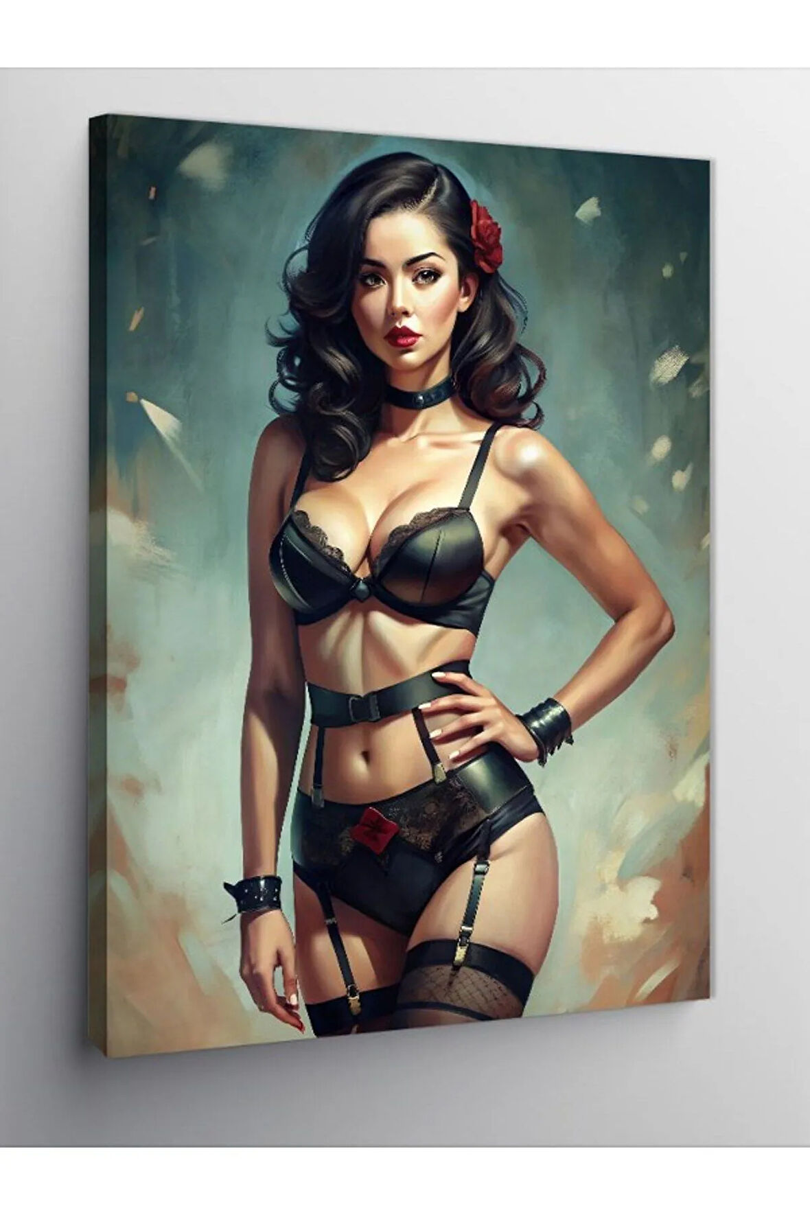 Kanvas Tablo Jartiyer Çoraplı Pin Up Kızı