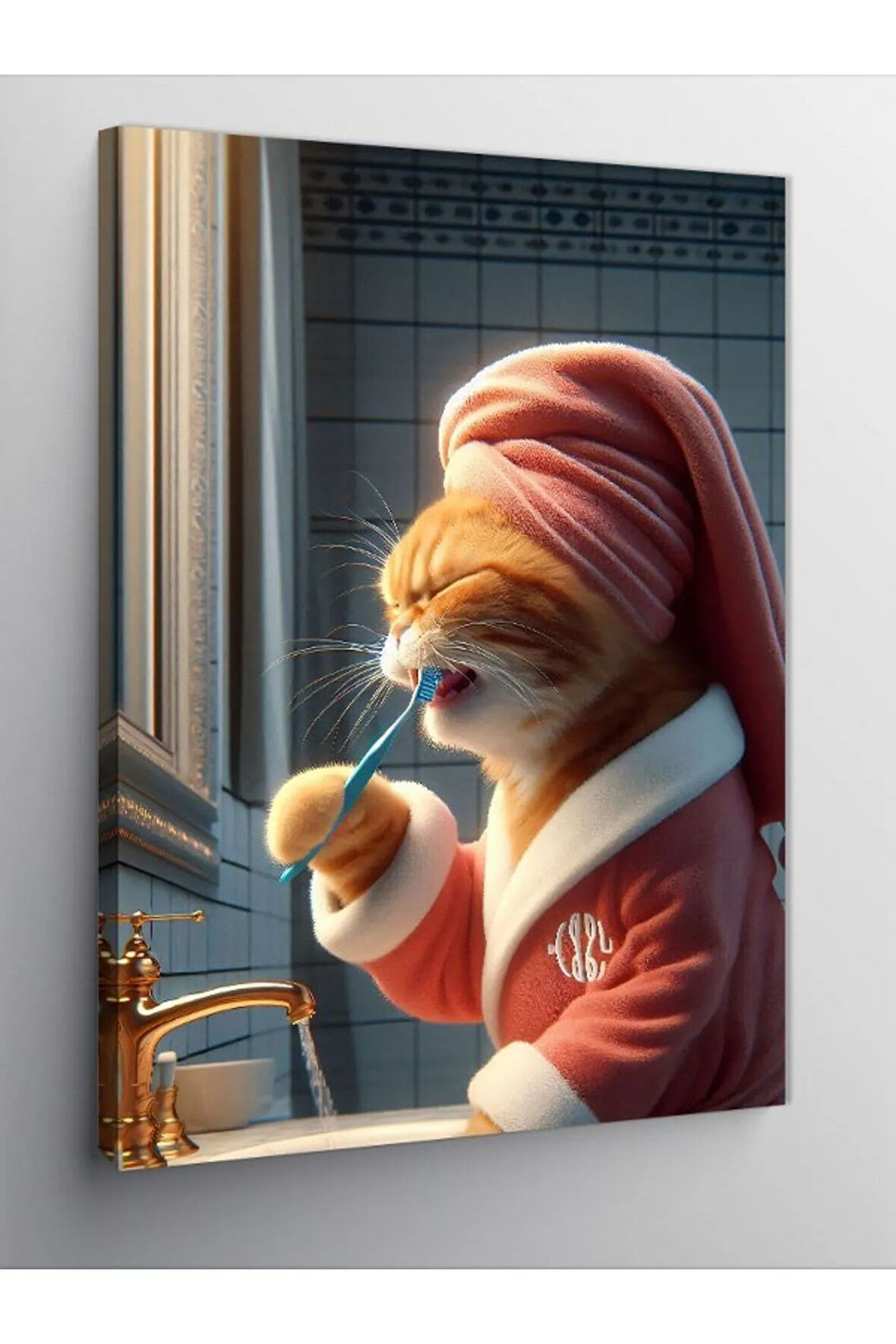 Kanvas Tablo Dişlerini Fırçalayan Kedi
