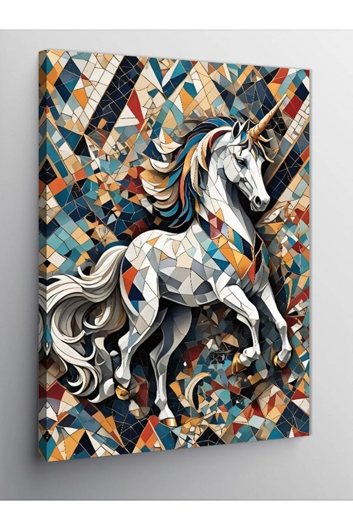 Kanvas Tablo Boynuzlu Beyaz At Ve Desenler