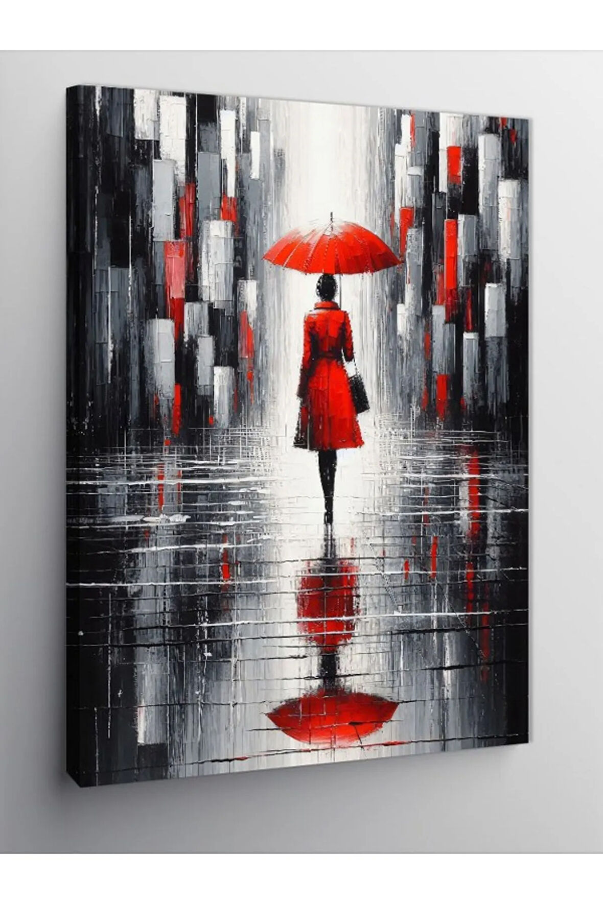 Kanvas Tablo Yağmurlu Şehirde Kırmızı Şemsiye
