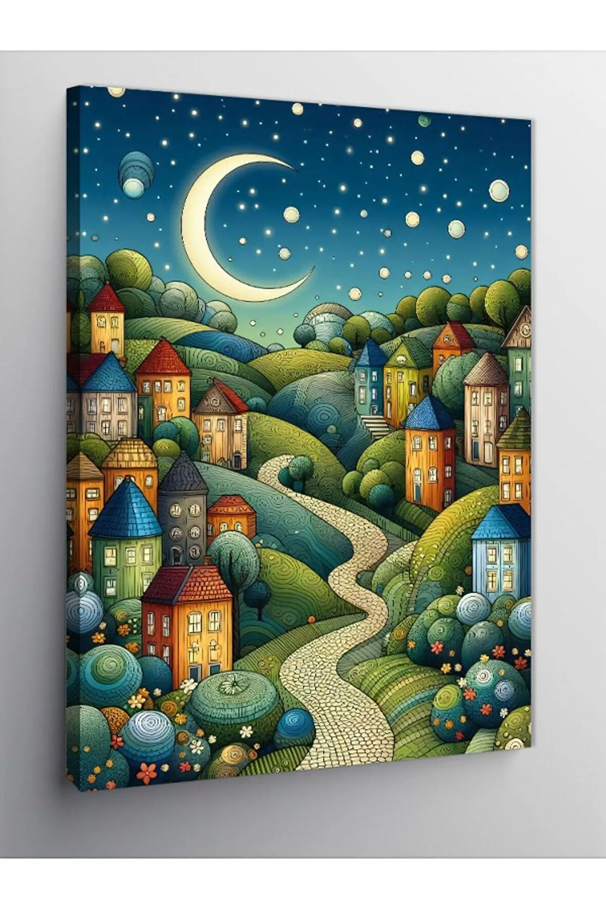 Kanvas Tablo Ay Işığı Altında Köy