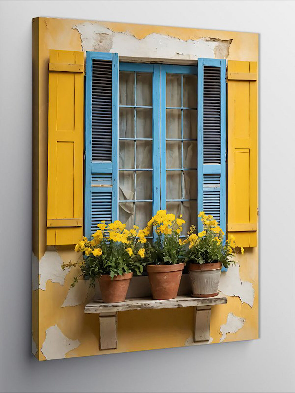 Kanvas Tablo Mavi Pencere Ve Saksılar