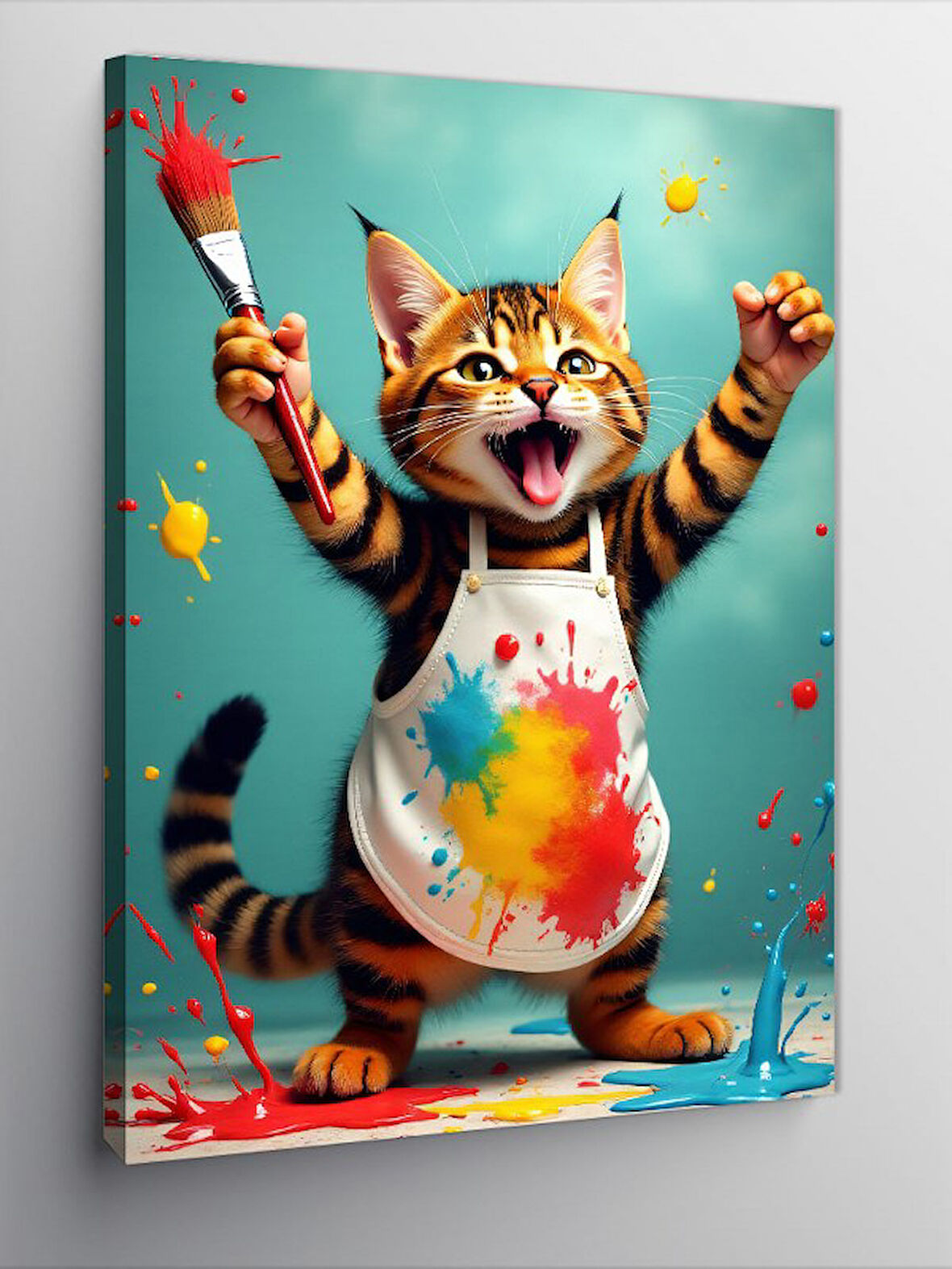 Kanvas Tablo Mutlu Ve Boya Lekeli Kedi