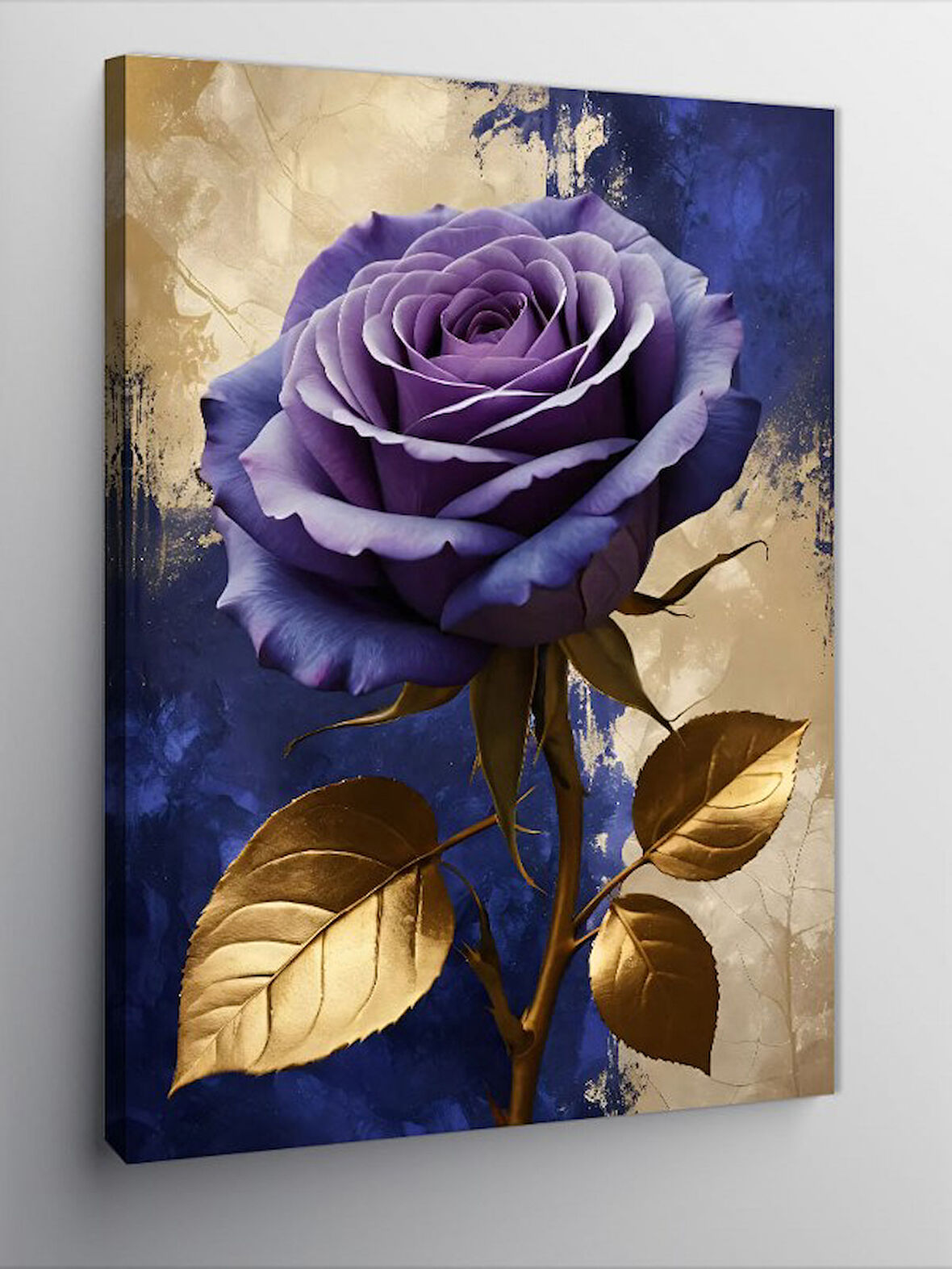 Kanvas Tablo Altın Yapraklı Mor Gül