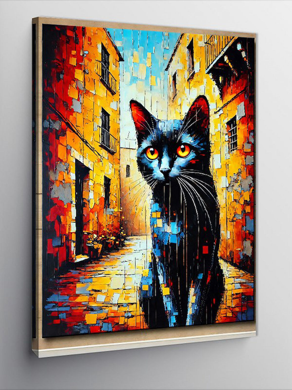 Kanvas Tablo Renkli Sokakta Siyah Kedi