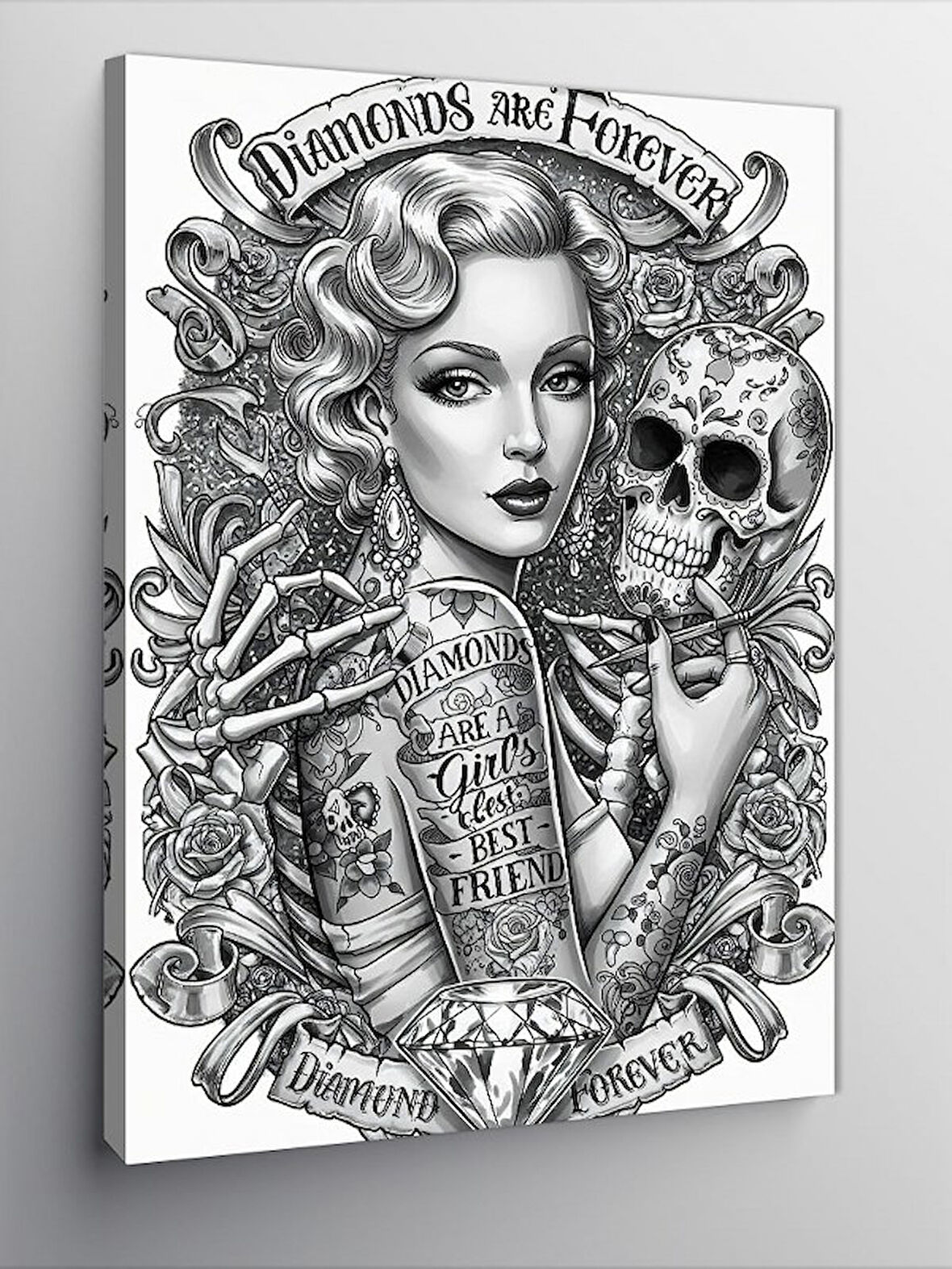 Kanvas Tablo Kafatası ve Kadın Dövmesi