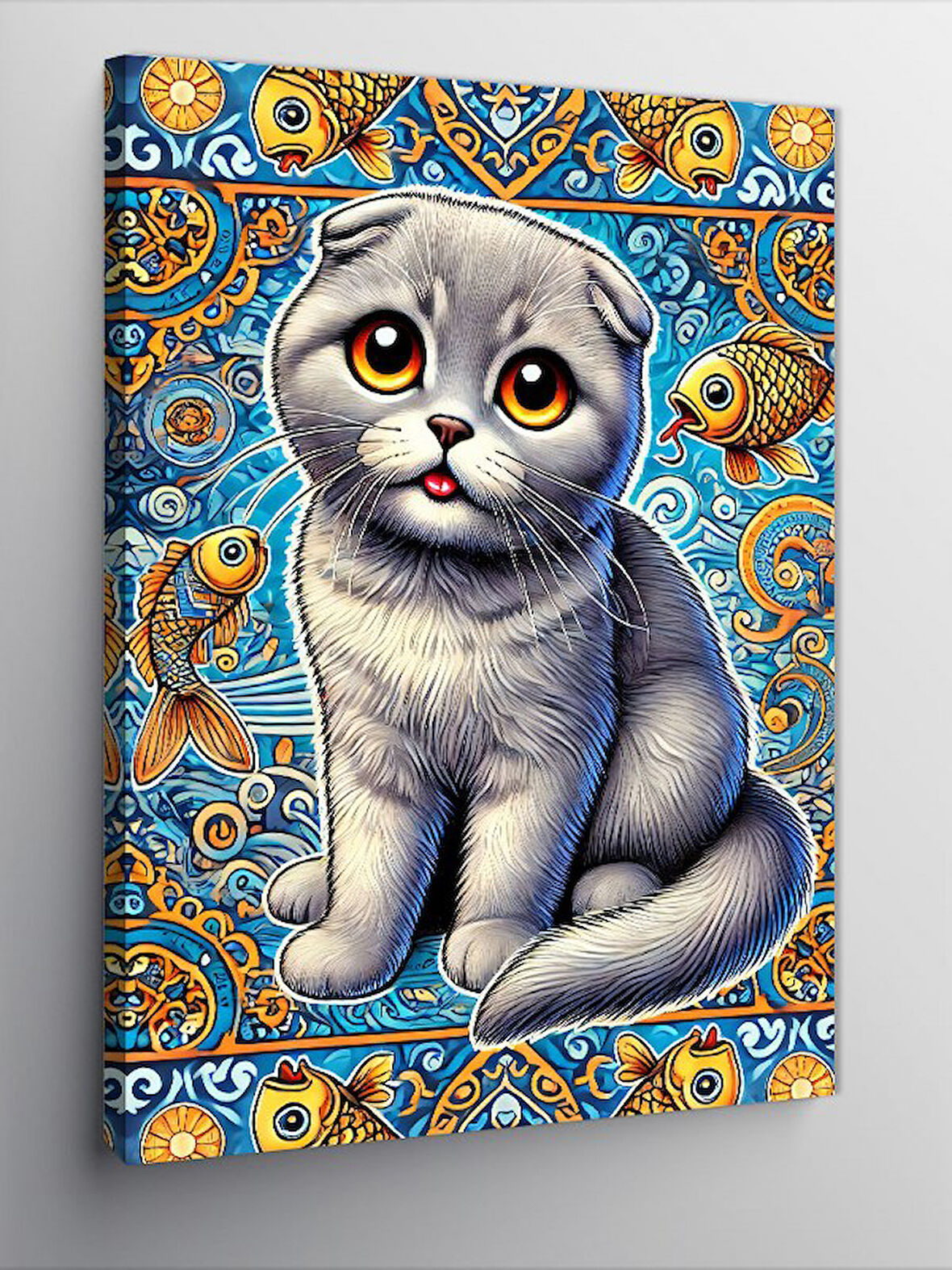 Kanvas Tablo Kedi ve Mavi Desenler