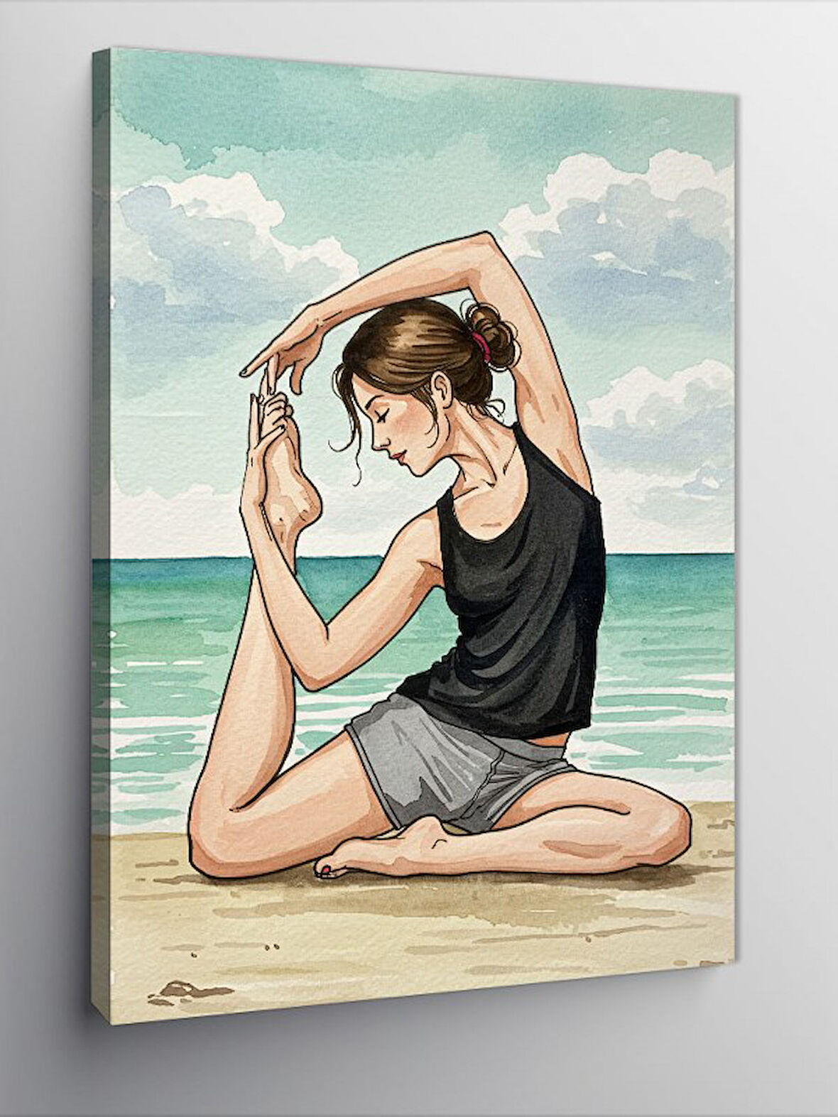 Kanvas Tablo Sahilde Yoga Yapan Kadın