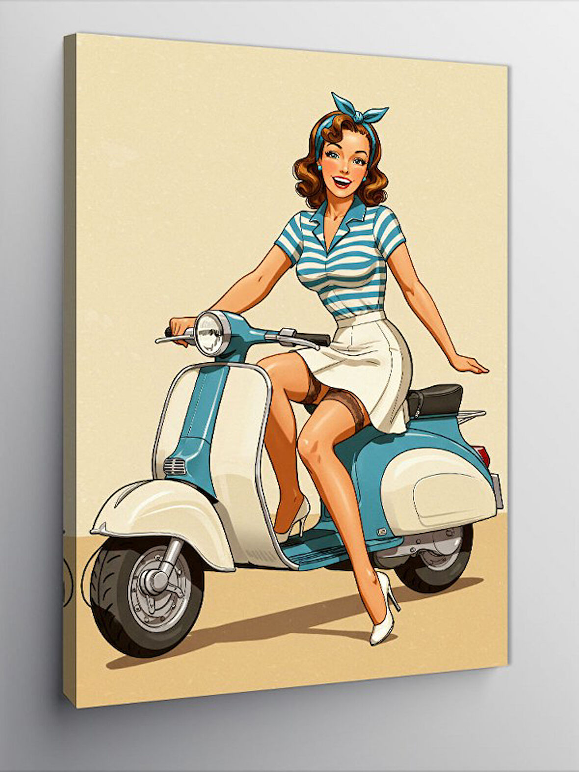 Kanvas Tablo Retro Scooter ve Pin-up Kız
