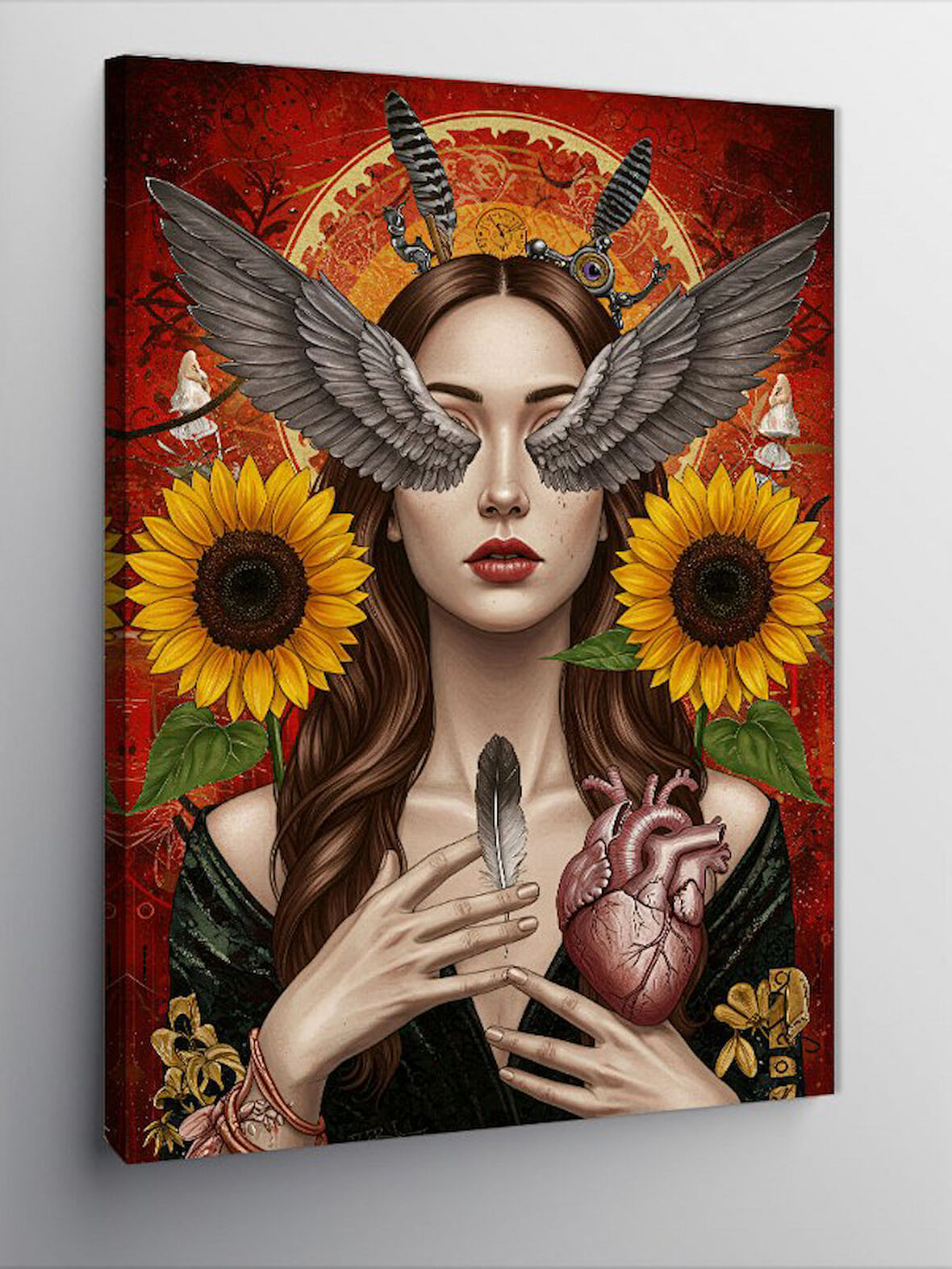 Kanvas Tablo Ayçiçekli Kadın ve Kalp