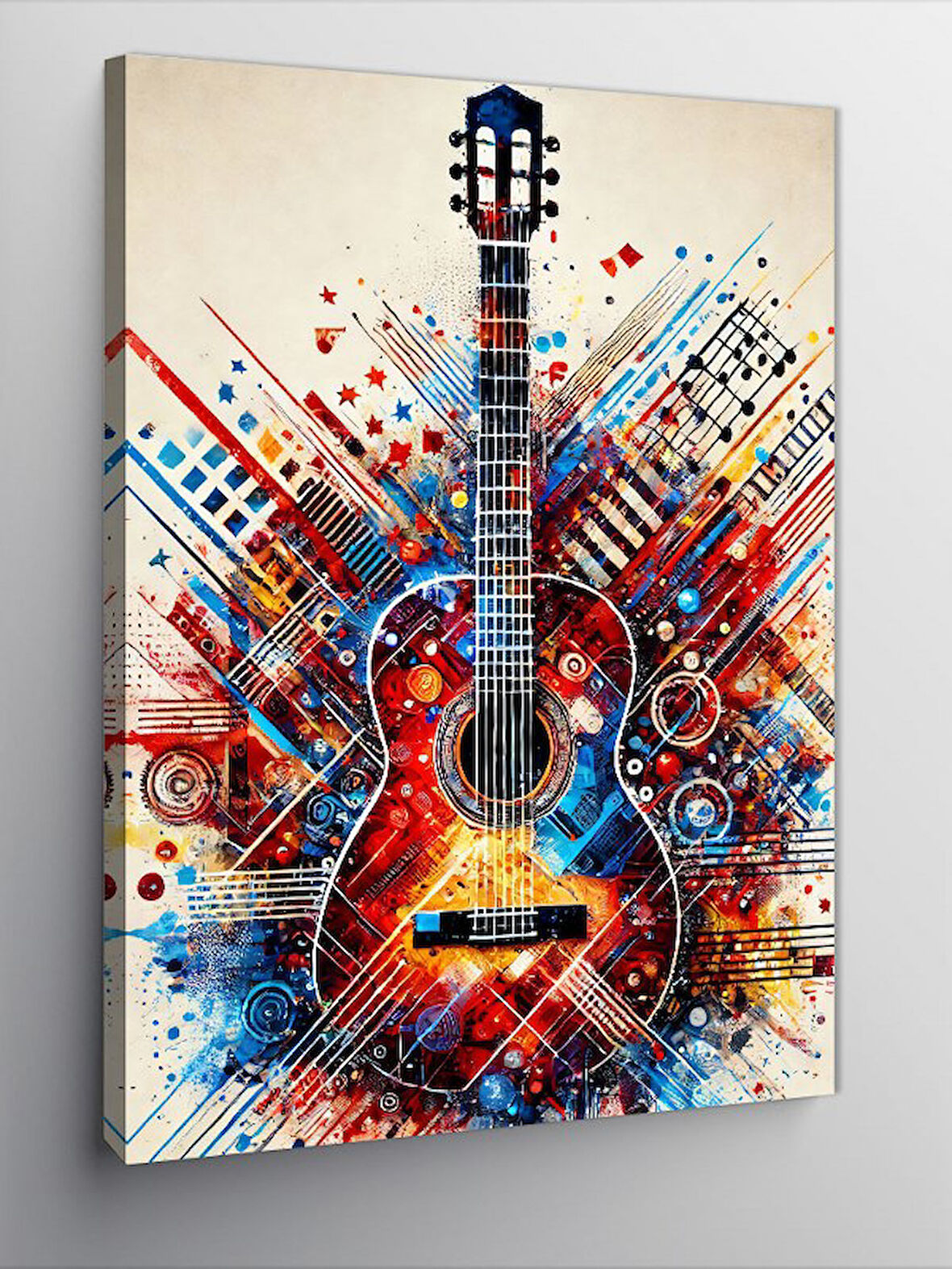 Kanvas Tablo Renkli Gitar ve Soyut Çizgiler