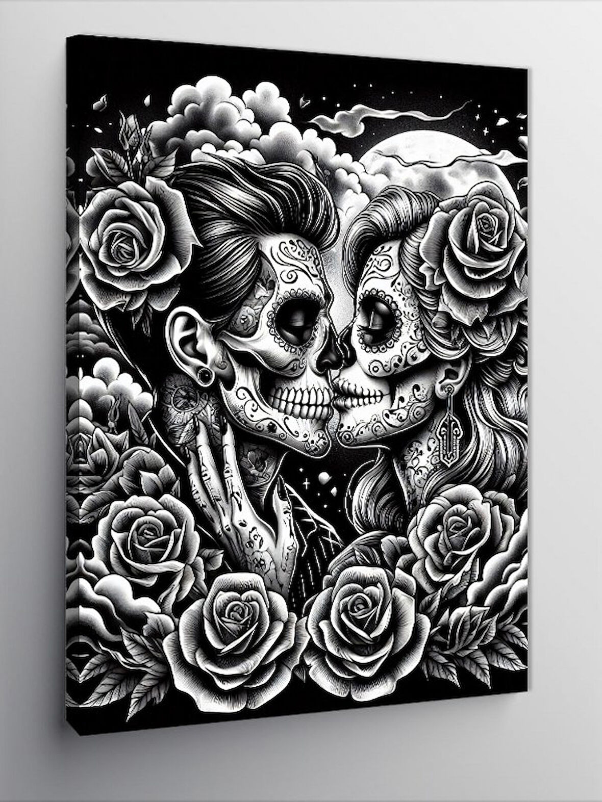 Kanvas Tablo Kafatası Aşıkları ve Gül Motifi