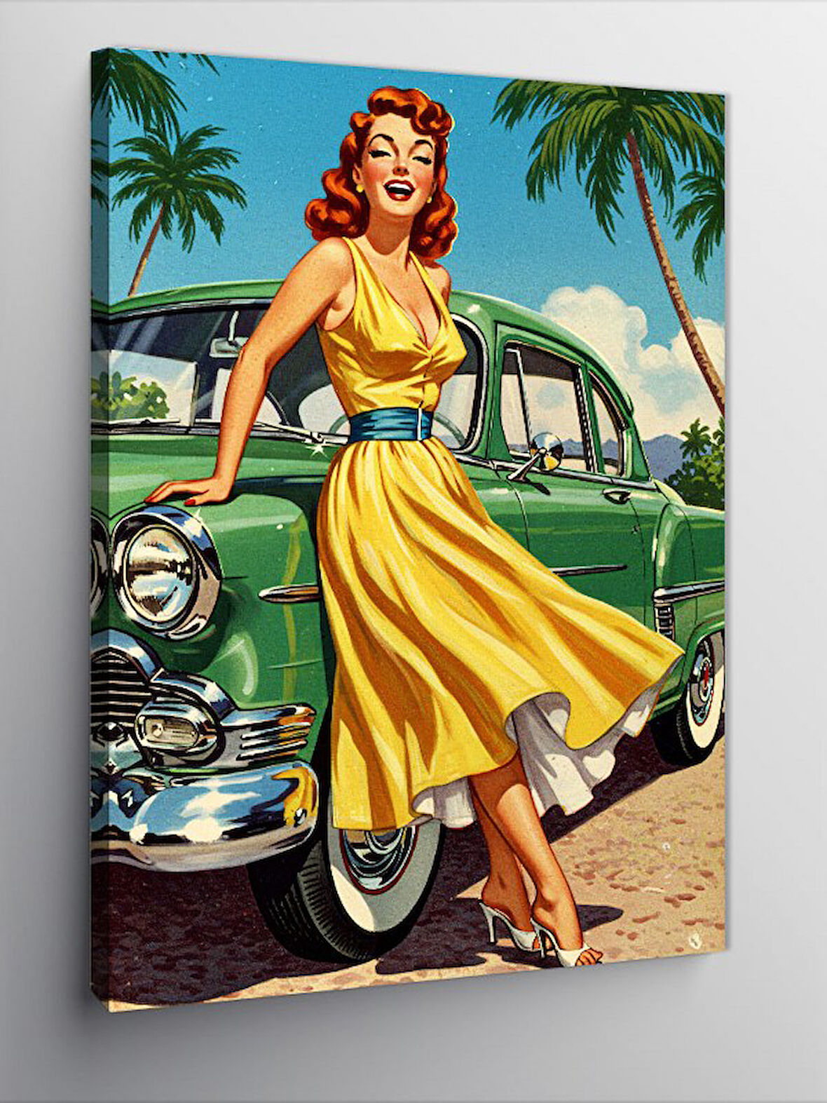 Kanvas Tablo Retro Kadın ve Klasik Araba