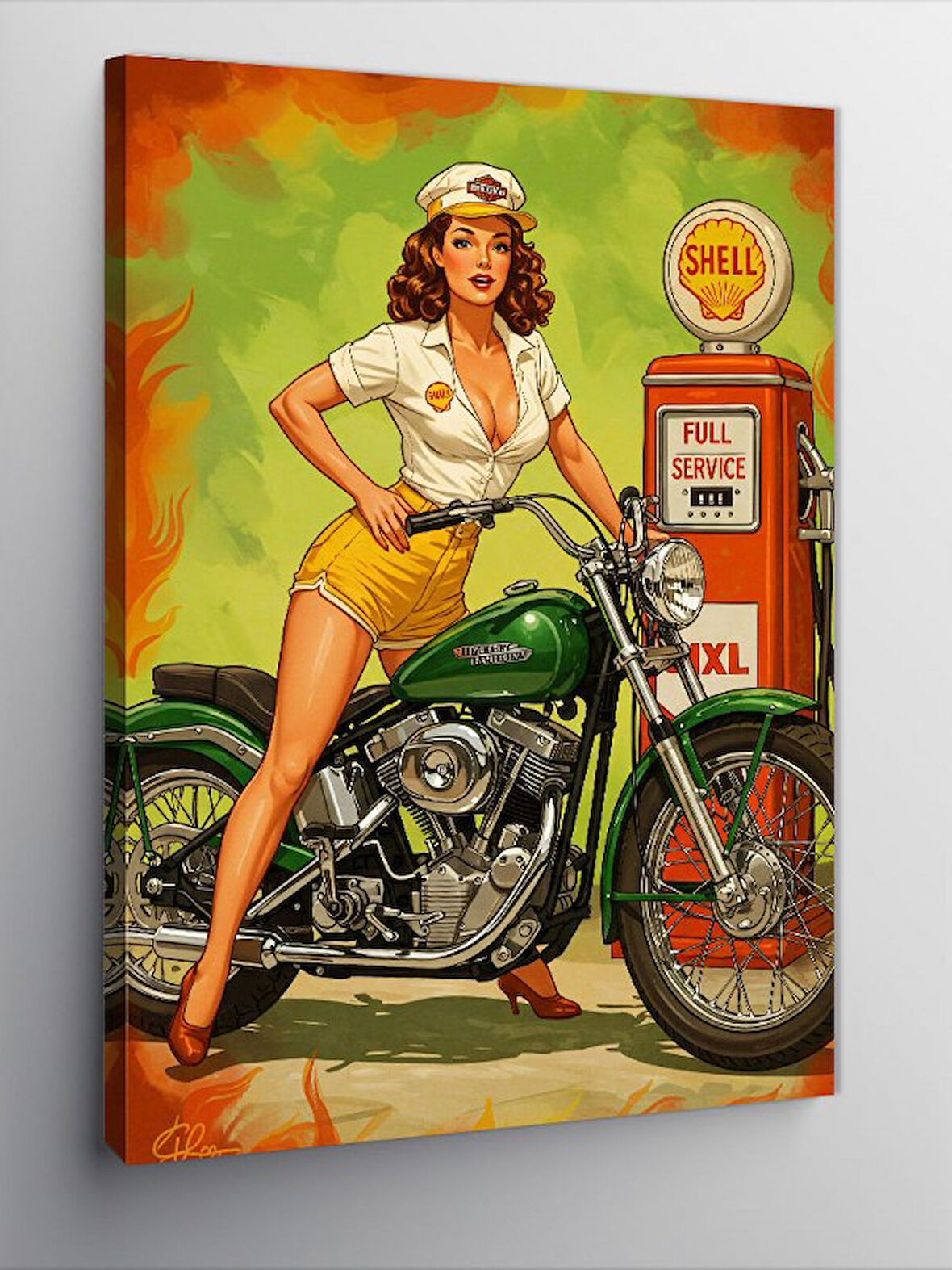 Kanvas Tablo Retro Kadın ve Klasik Motorsiklet