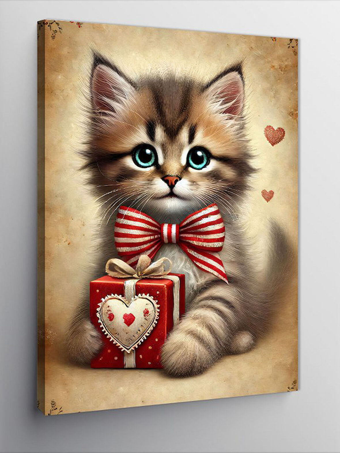 Kanvas Tablo Sevimli Kedi ve Hediye Kutusu
